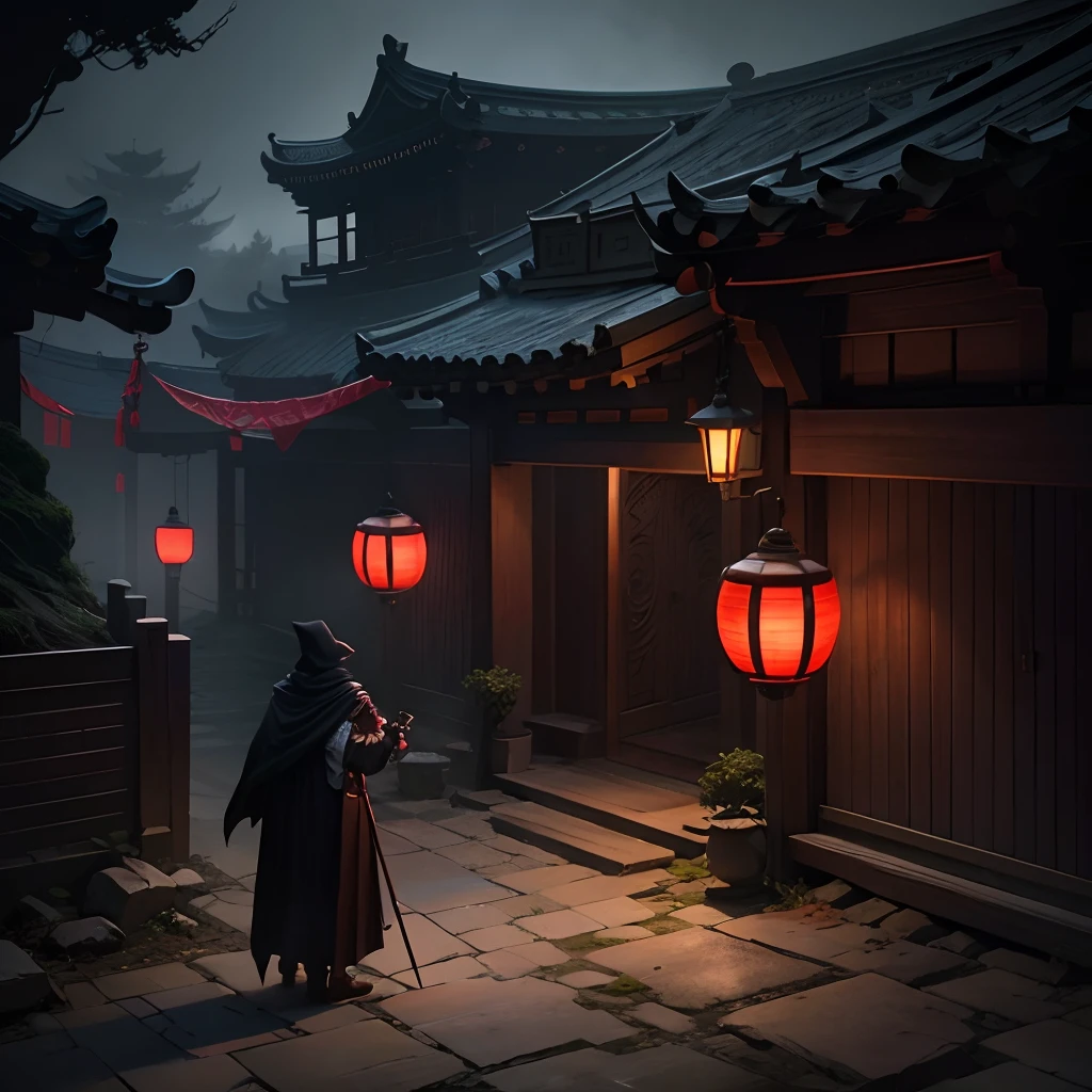 nigth,Night,Faint moonlight,Chinese courtyard entrance,wood door,Stone walls,Two big red lanterns hang at the door,A man in a black cloak,Wear a cape on his head,Holding a nine-ring tin staff,a black cloak,super-fine,super high image quality,Cinematic lighting effects,超高分辨率