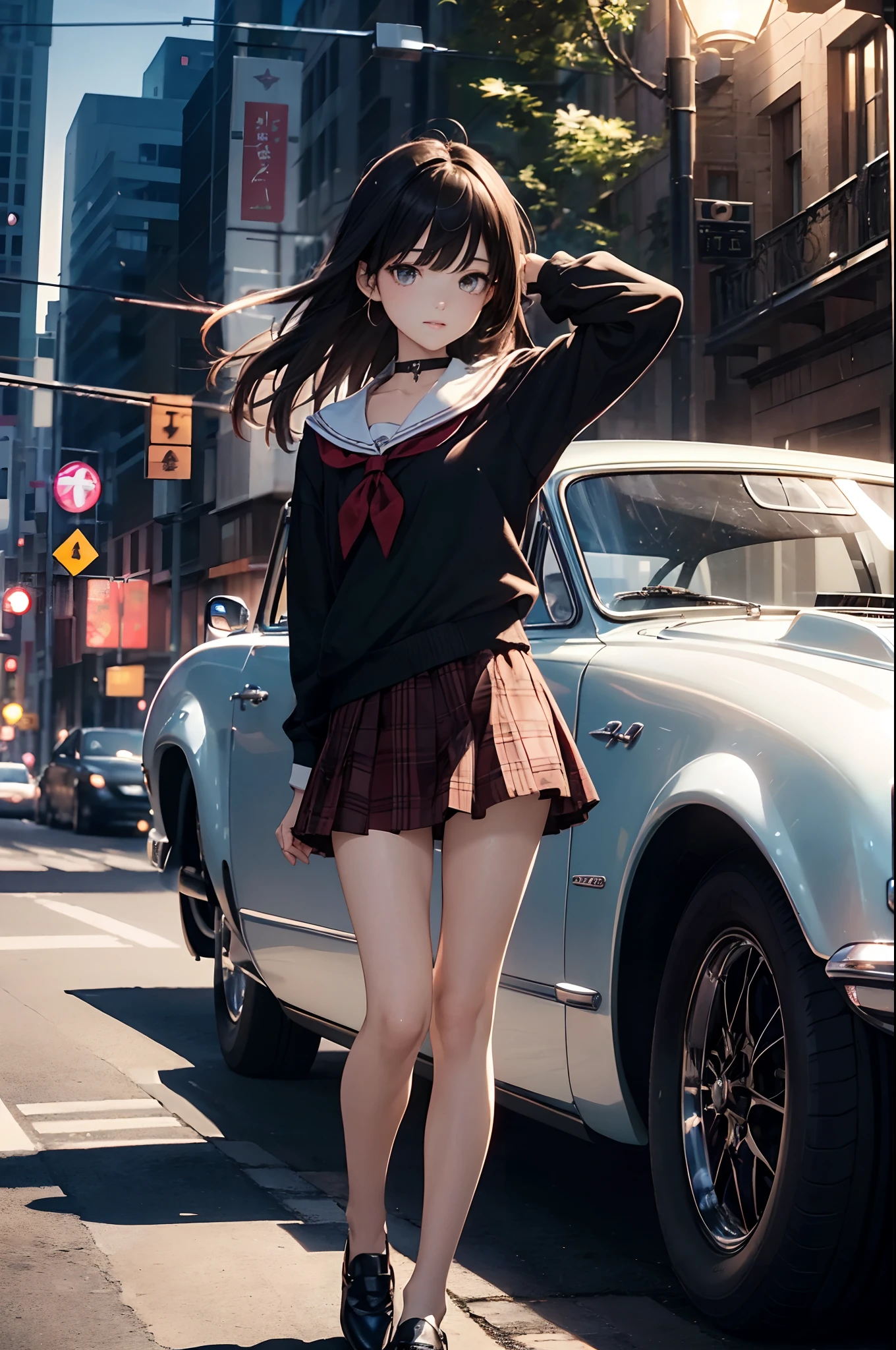 (Official art、Best Quality、Unity 8k Wallpapers、32K、​masterpiece、ultra-detailliert、超A high resolution、realisitic、Photorealsitic:1.2)、(Cinematic lighting:1.2)、Fireglow effect、film grains、Best Shadows、Rim lighting、side lights、sideshot、(Ultra-detailed and complex 3D rendering)、Detailed beautiful face and eyes、A slender、Medium bust、(Full body:1.2)、 Highly detailed background、beauitful face、blurry backround、-yeld beiful girl、(super detailed skin、detailed skin textures:1.3)、chestnut bristles、Brown-eyed、a sailor suit、Plaid miniskirt、(thighs thighs thighs thighs:0.8)、Black shoes、City at night、Gentle smile、a choker、dynamicposes、(Classic car on woman background、Woman illuminated by headlights:1.2)、I closed one eye、raise arms