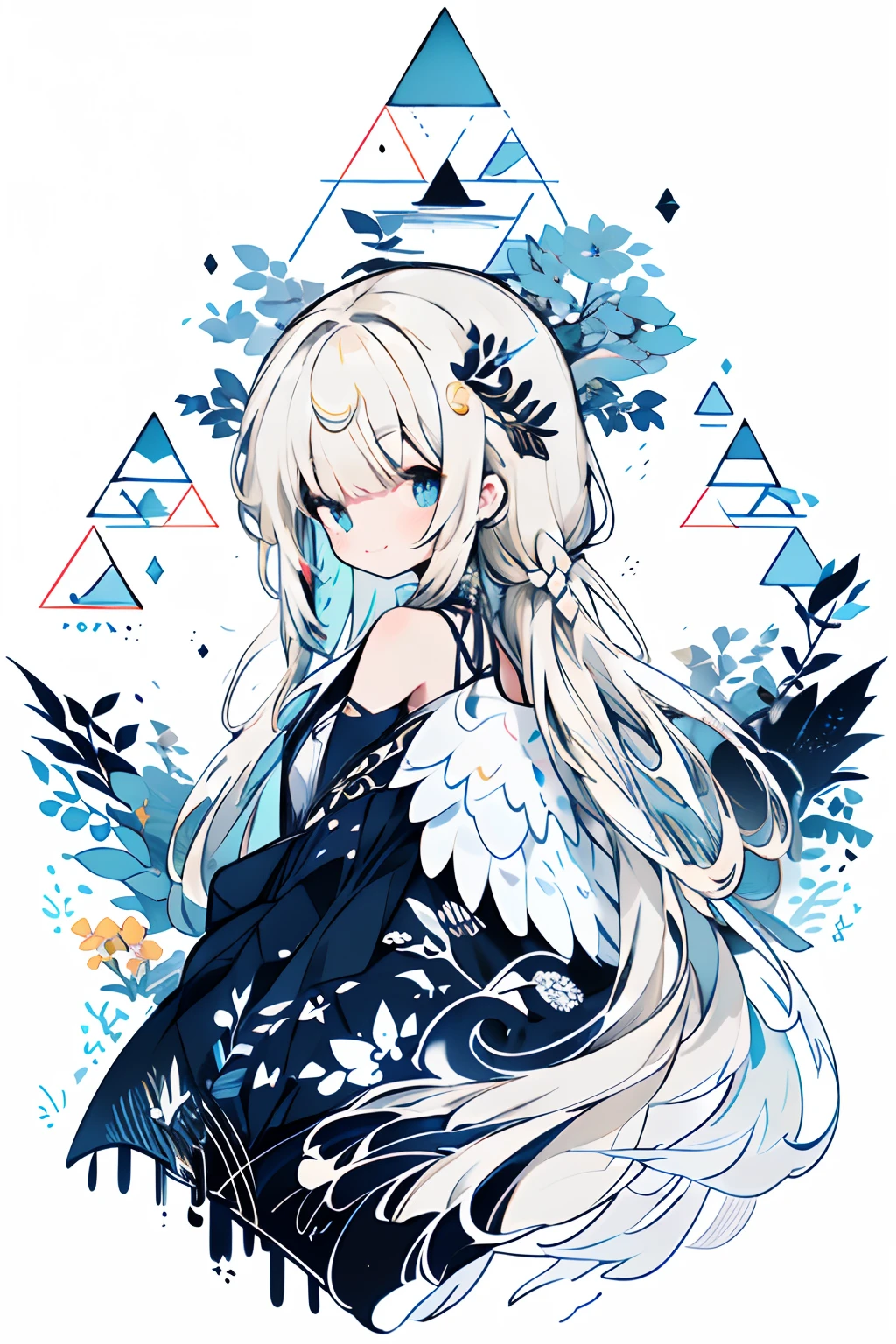 (White background:1.4),(Nature illustration:1.3,paper art:1.3, Quilted Paper Art:1.2),(Clear lines, High Sharpness,Best Quality, Very detailed, masutepiece, Movie Light Effects, 4K )(Particles of light:1.0)Background with、Yellow petals、Wear braids on your shoulders、Wearing a cloak、Navy blue ribbon with braids、a cool、lightsmile、angelicales、Angel wings、Wings fly、fluttering feathers、blonde hair、Angel wings growing from the back