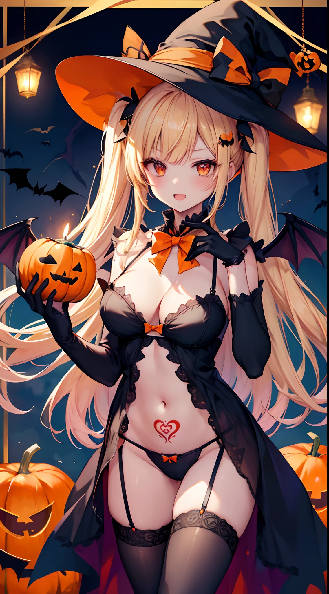 large breasts,bat, candy, halloween, halloween_bucket, halloween_costume, happy_halloween, jack-o'-lantern, pumpkin, pumpkin_hair_ornament, pumpkin_hat, tattoo, trick_or_treat, witch_hat, pubic_tattoo, tombstone, garter_straps,pasties, thighhighs, silk, ghost_costume, lollipop, spider_web, 1girl, vampire_costume, bat_hair_ornament, basketball, food-themed_hair_ornament, graveyard, long_hair, orange_ribbon, heart_tattoo, holding_vegetable, broom, candy_cane, orange_choker, bat_wings, basket, breasts, solo, candle, food, orange_bow, open_mouth, bat_print, castle, orange_panties, black_legwear, bow, shoulder_tattoo, orange_nails, gloves, twintails, spider_web_print, blonde_hair, very_long_hair, lantern, grave, charmander, orange_legwear, navel, bare_tree, smile, orange_bowtie, elbow_gloves, cookie, full_moon, cape, mini_witch_hat, bridal_gauntlets