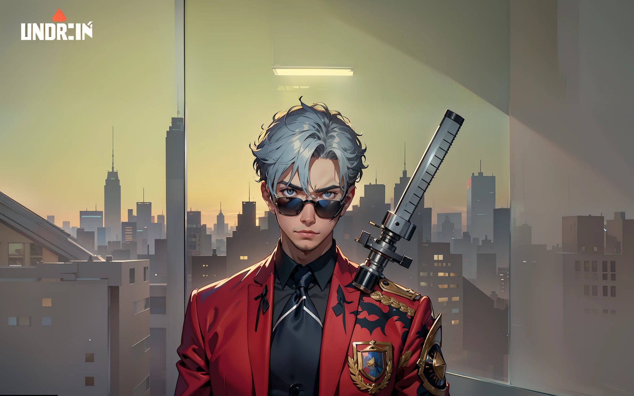 A handsome boy, standing next to the window in the office, behind a floor-to-ceiling window, with a serious face, looking straight ahead, wearing a black suit and shirt,