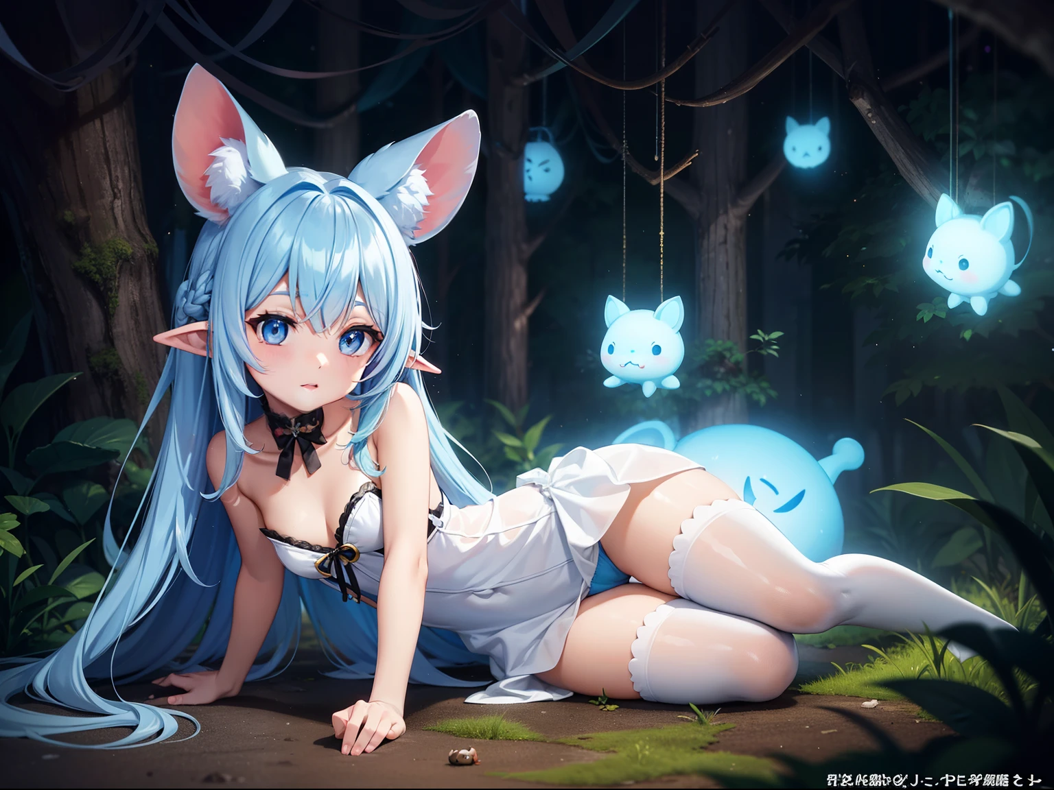 In the forest、Halloween、There is a small white rabbit with long ears,  White long ears、I'm with a pretty girl with long blue hair。Sheer sexy outfit in white and blue、white panty、Dark eyes。cute forest creature, Cute mushrooms also grow、Everyone is celebrating Halloween　Adorable Digital Painting, cute detailed digital art, the squirrel king, Cute digital art, cute cartoon characters, cute character, CuteCreatures, Cutie, official illustrations, Official art, squirrel, maplestory mouse, astri lohne,  cute 3d render