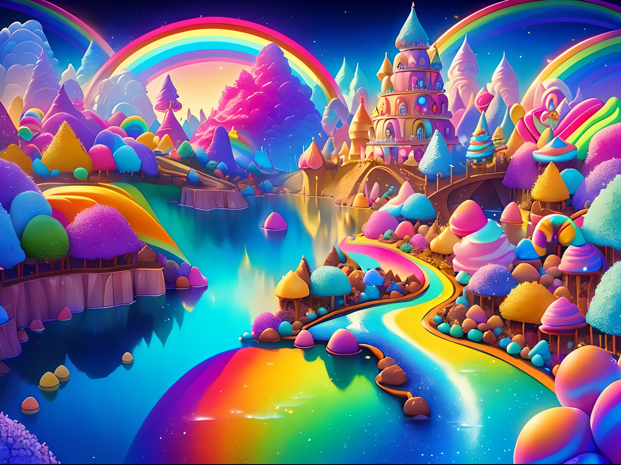 (tmasterpiece, Best quality:1.3), hyper-high detail, fantasy, 8K, candyland, Dynamic,SENSE OF CINEMA, Ultra detail, Full background, dream magical, illustration, water dripping, glittery, (Odd cookies:1.3), (Ocean), , syrup, glitters, scenery, ((No Man)), ((Drizzle,The rainbow hangs high in the air)), (Shiny:1.2), Various colors, Monolithic, (full bloom:0.4), extremely detaile, (Yellow and brown theme:1.3), streaked, Rainbow, (gradients), Fruit Kingdom, Lively, Perfectcomposition
