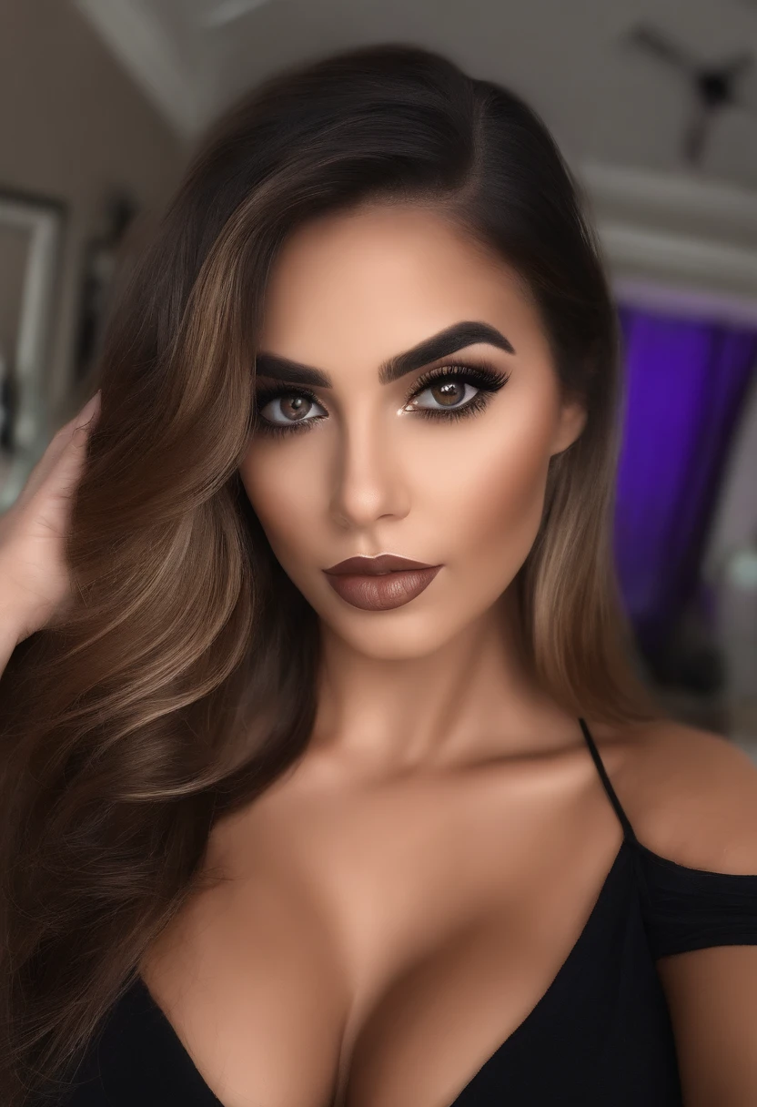 Arafed Mujer totalmente , Chica sexy con ojos marrones, ultra realista, meticulosamente detallado, Retrato, cabello negro azabache y ojos grandes, selfie de una mujer joven, Ojos del dormitorio, Violeta Myers, Maquillaje sensual, staring directly into camera, cara con artgram, maquillaje sutil, Impresionante pose de cuerpo entero en el club nocturno, Medium to large size bust, outfit rojo de encaje