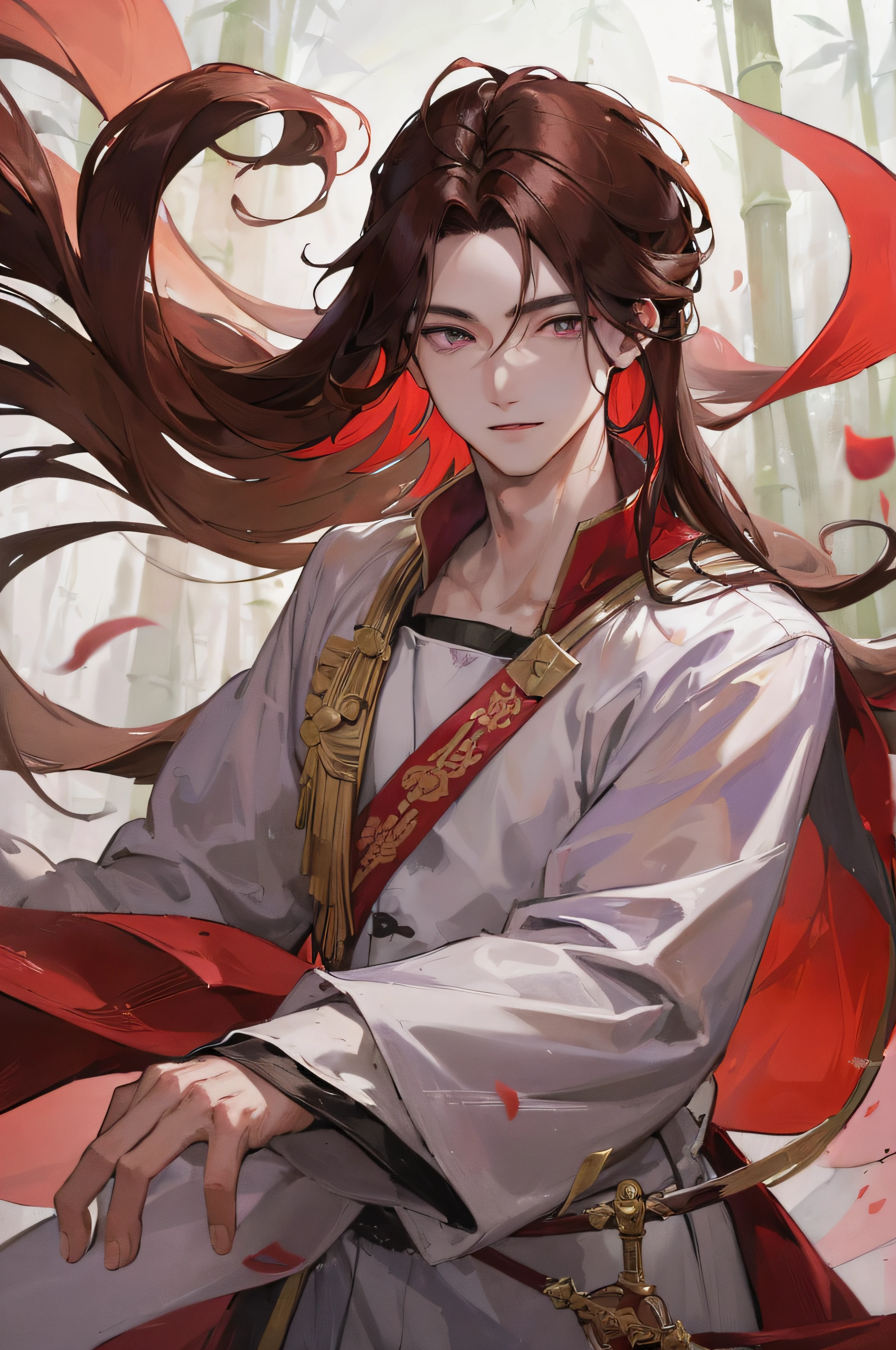 ((Official fine art，tmasterpiece)):0.9，Sharp focus，1 boy，China-style，Oriental fantasy，Red and white robes，Brown hair long，laughingly，A male god，bamboo forrest，cold shades，gloom，Long hair fluttering in the wind，Sword eyebrows，grayish-purple eyes，petals，ssmile，gentleness