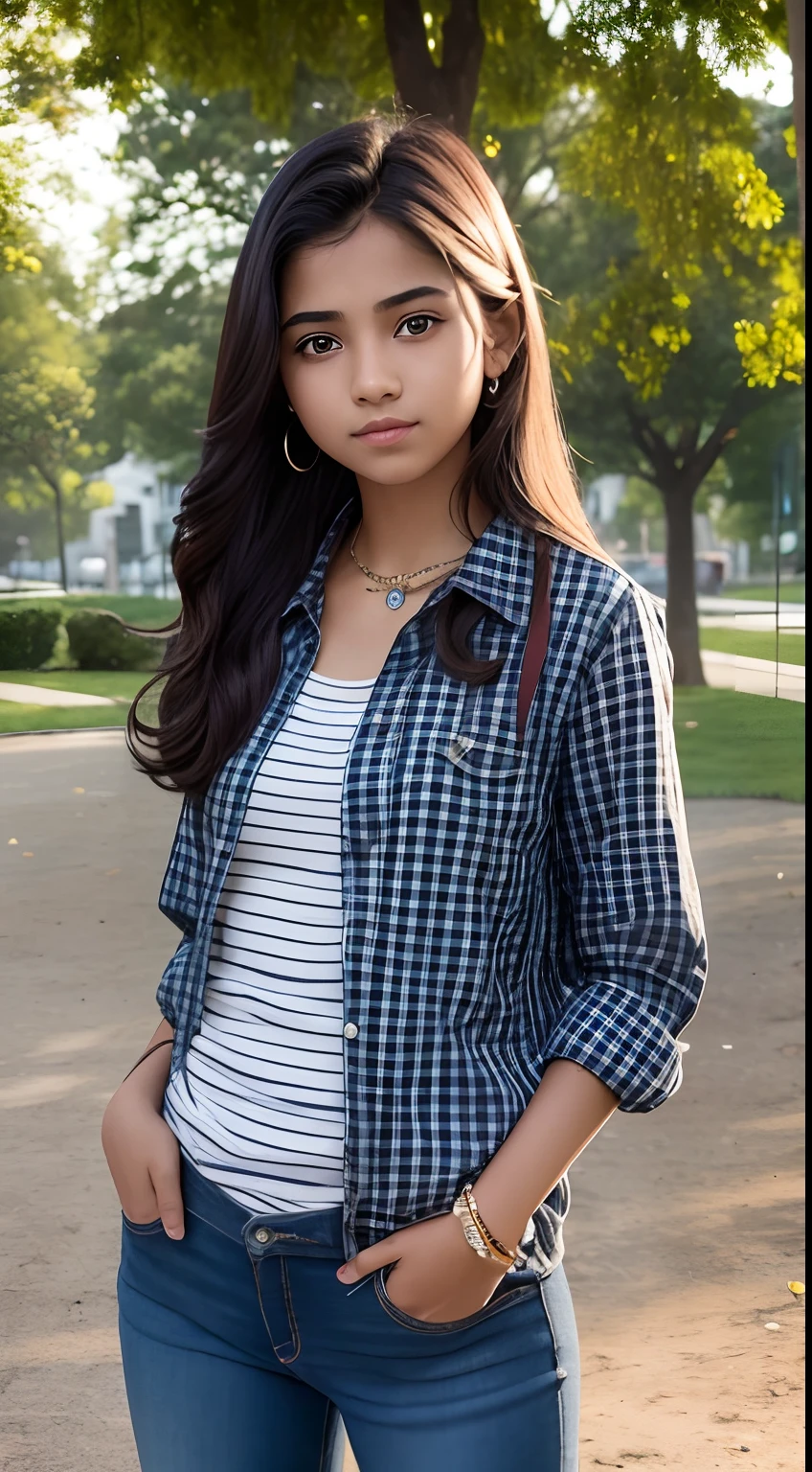 Portrait of an 16 year old cute petit teen, beautiful Indian girl, wearing jewelry, fair skin, cute face, wearing checks shirt, black jeans and red shoes, at the park, detailed skin realistic,ultra realistic, photorealistic,8K ,