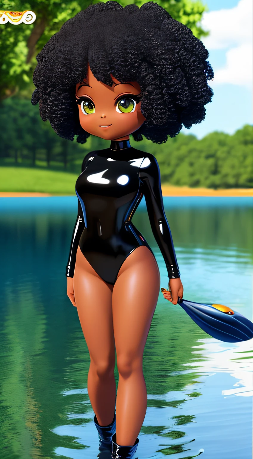 3D chibi a happy cartoon character standing in front of the lake, black woman, ((big fish eyes)), gentle eyes, movie art, clean shot, wearing latex catsuit, as a pixar character, beautiful woman, afro military, (((full body)))), grace and blessing, rendered in unreal, promotional image of the movie, rendered luxury image