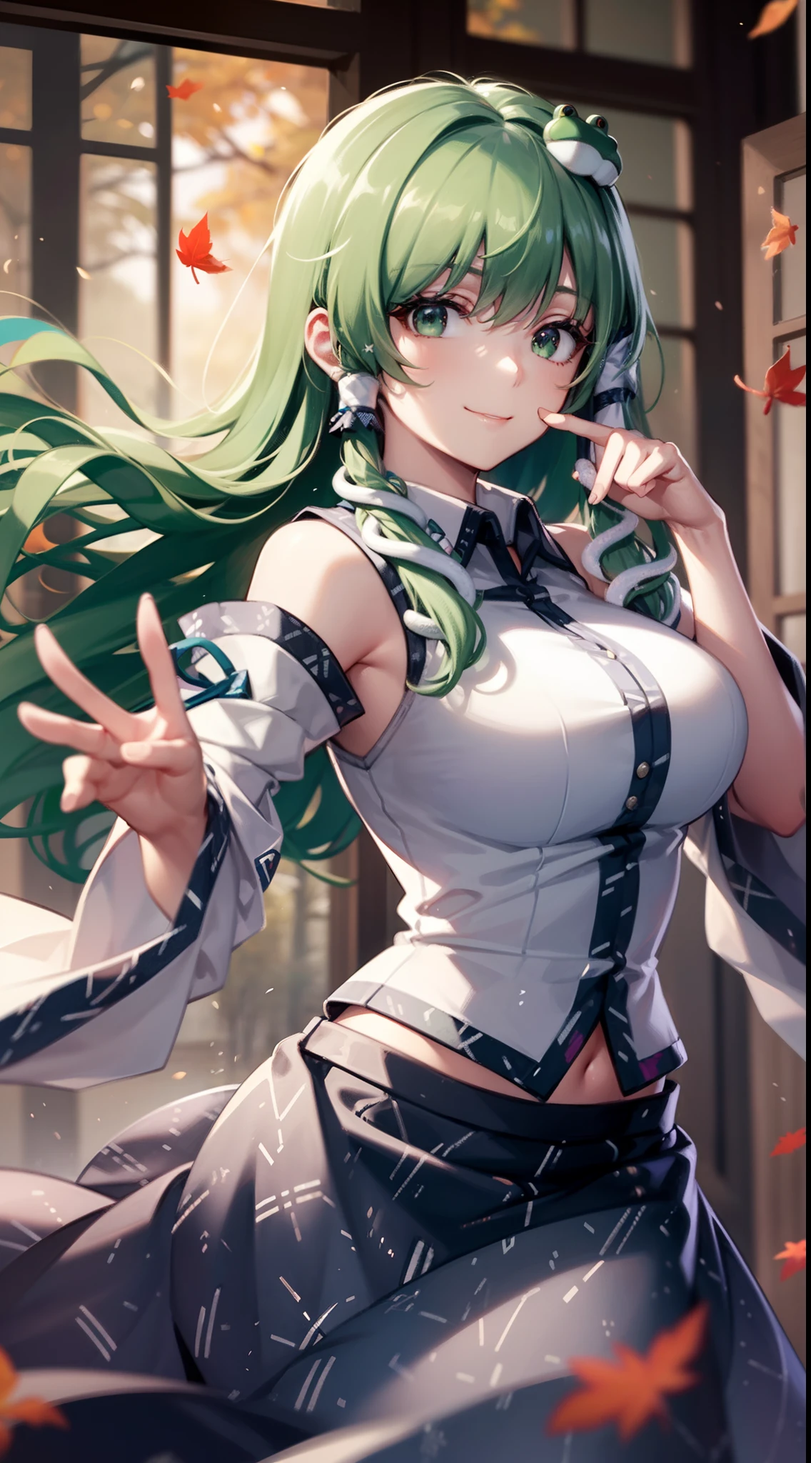 Best Quality,Ultra-detailed,Unity 8k壁纸,extremely details CG,super detailed skin,Detailed,Dynamic lighting,Beautiful detailed eyes,kochiya sanae,happy Smile,Green long hair,Green eyes,frog hair ornament, hair tubes,snake,Detached sleeves,Shirt,Long skirt,autumn leaves,stylish pose,finger to mouth,