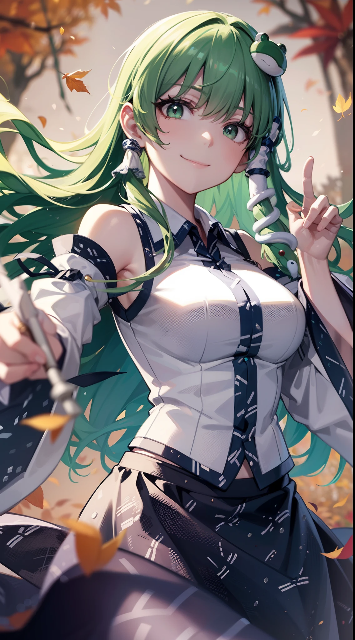 Best Quality,Ultra-detailed,Unity 8k壁纸,extremely details CG,super detailed skin,Detailed,Dynamic lighting,Beautiful detailed eyes,kochiya sanae,happy Smile,Green long hair,Green eyes,frog hair ornament, hair tubes,snake,Detached sleeves,Shirt,Long skirt,autumn leaves,stylish pose,finger to mouth,