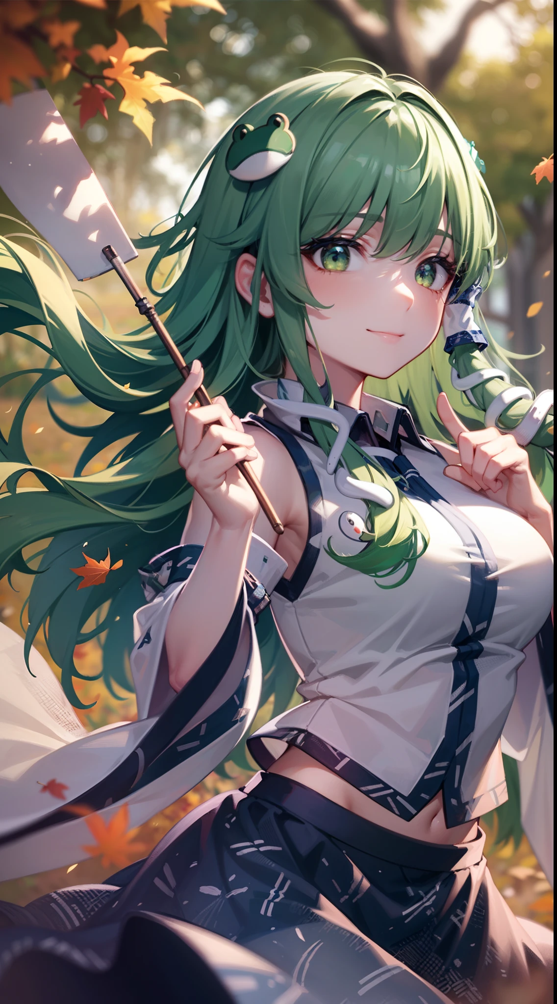 Best Quality,Ultra-detailed,Unity 8k壁纸,extremely details CG,super detailed skin,Detailed,Dynamic lighting,Beautiful detailed eyes,kochiya sanae,happy Smile,Green long hair,Green eyes,frog hair ornament, hair tubes,snake,Detached sleeves,Shirt,Long skirt,autumn leaves,stylish pose,finger to mouth,
