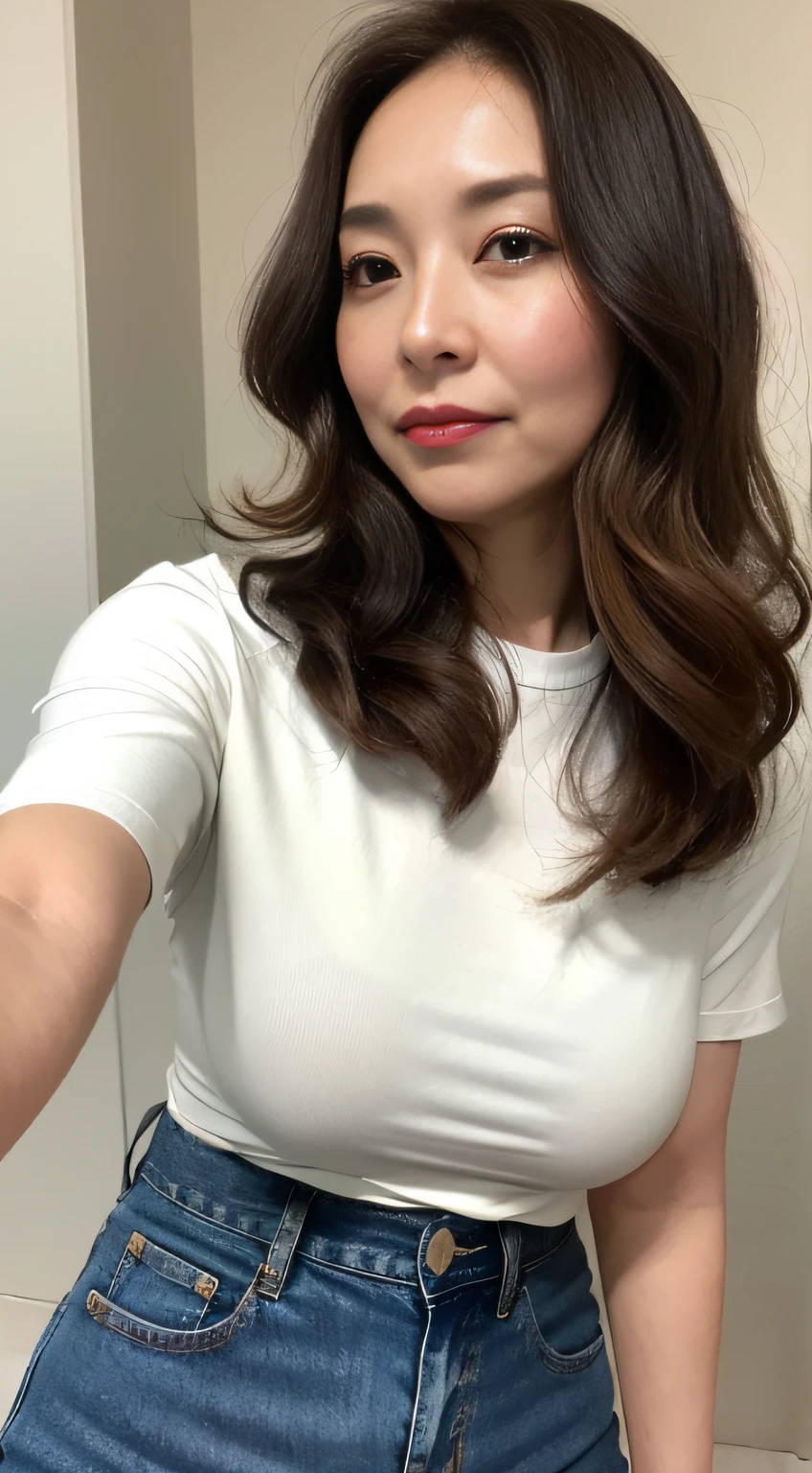 ((midynight, Need, 8K, tmasterpiece:1.3)), full bodyesbian, Long legs, Focalors:1.2, perfect figure beautiful woman:1.4, ((Dark brown hair)), (white tight t-shirt, denim pant, standing on your feet:1.2), ((sobu)), Highly detailed facial and skin texture, A detailed eye, 二重まぶた，Beauty,Wavy hair, Wrinkles at the corners of the eyes, to emphasize, ，（Big breasted 1.2），aged 40, Wrinkled eyes,