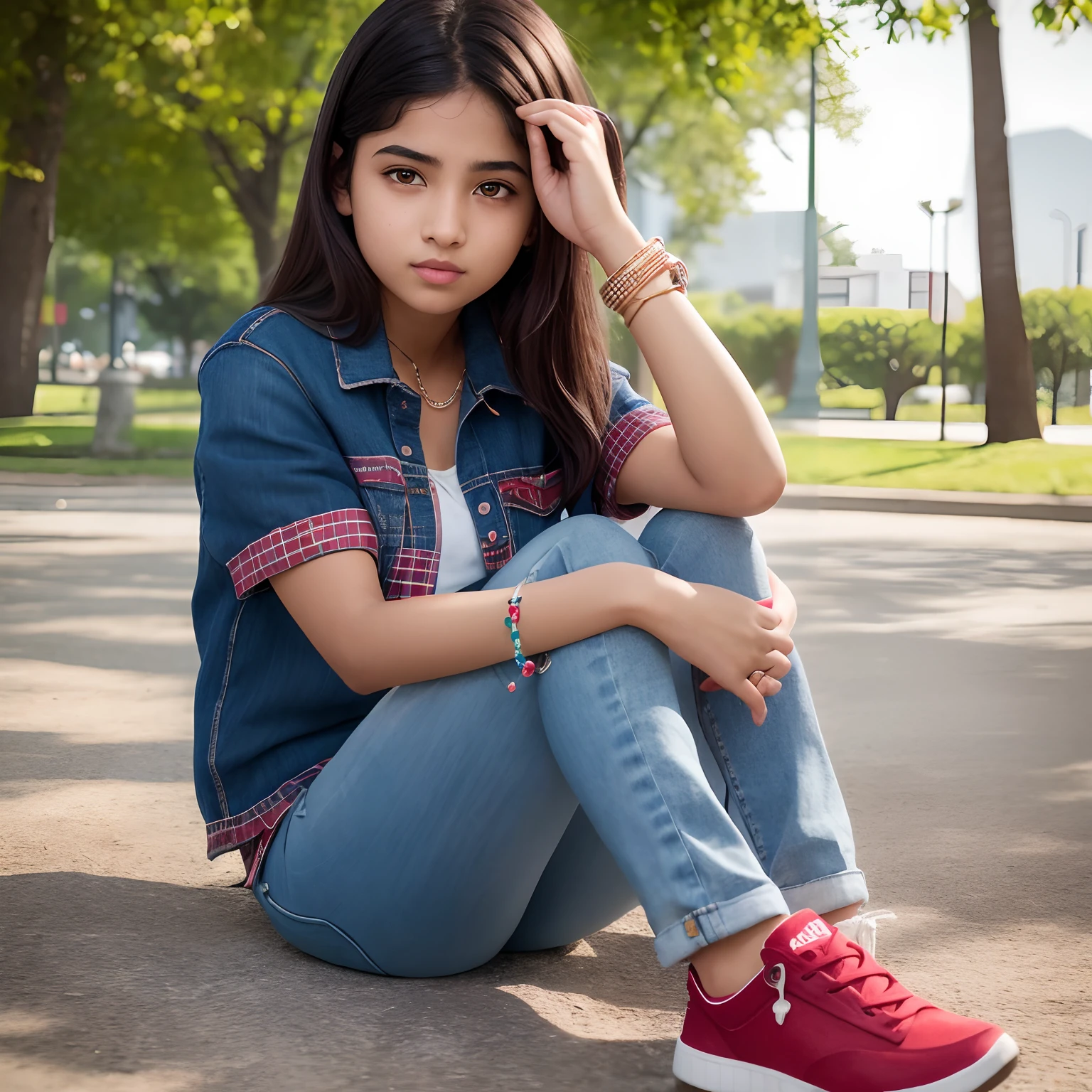 Portrait of an 16 year old cute petit teen, beautiful Indian girl, wearing jewelry, fair skin, cute face, wearing checks shirt, blue jeans and red shoes, at the park, ultra realistic, photorealistic,8K ,