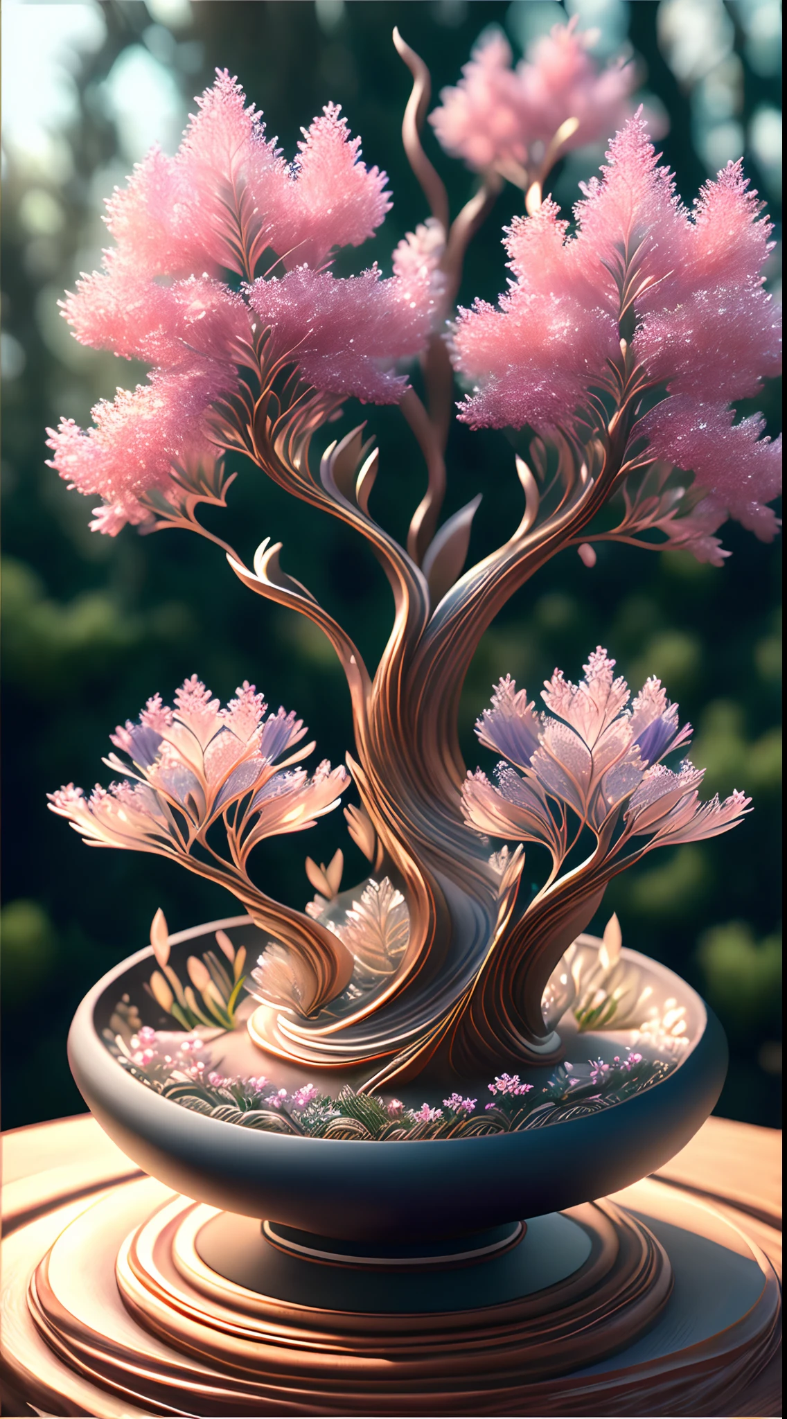 (Best quality,4K,8K,A high resolution,Masterpiece:1.2),Ultra-detailed,(Realistic,Photorealistic,photo-realistic:1.37),Escultura:1.37,Northern,south,Multiverse,Diverse landscape,Natural beauty,Ceramic craftsmanship,Glass surface,Twisted branches,blossoms，Flickering flames,Art gallery