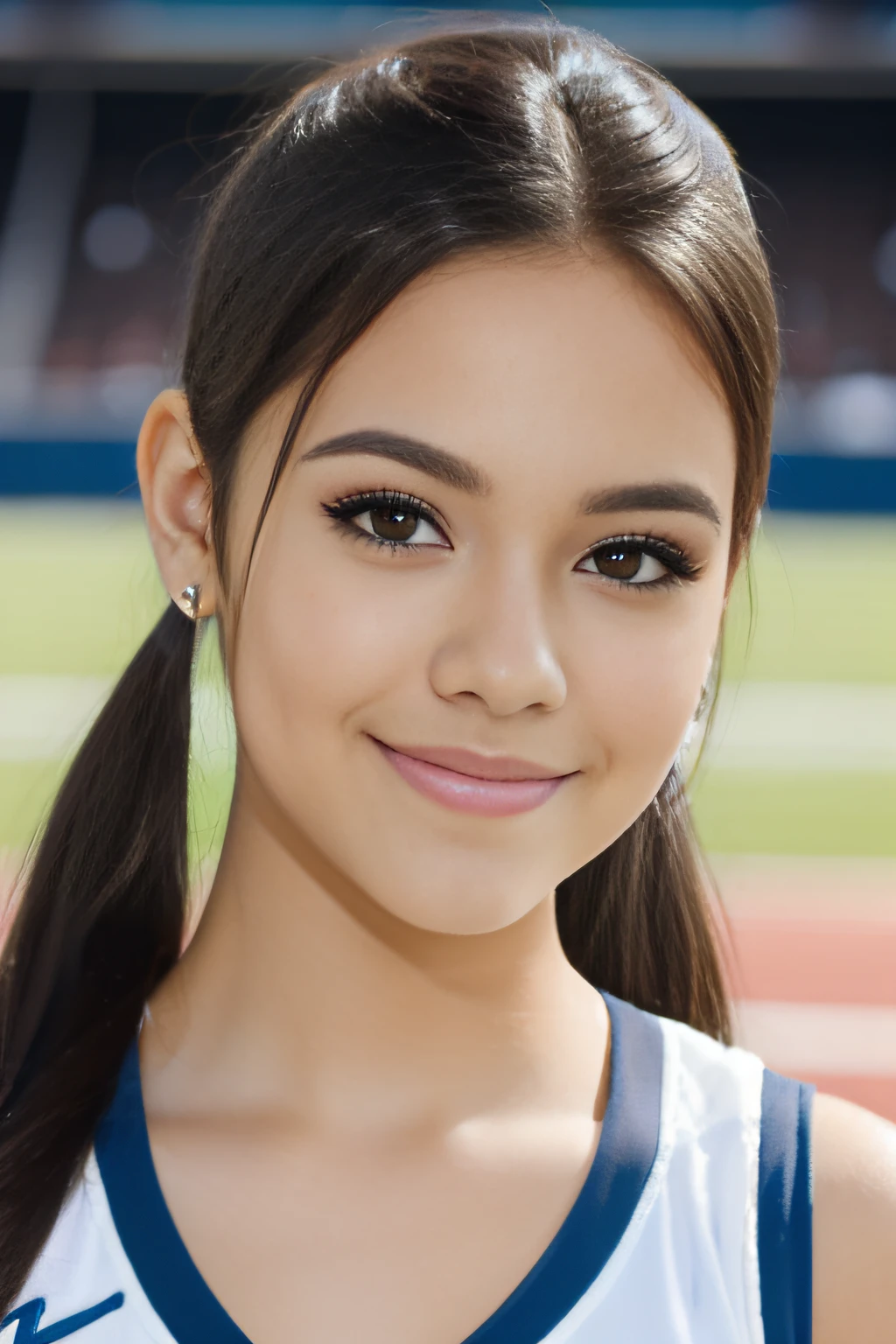 Latin girl. Dark hair. Straight hair. Dark Eyes. . Younlt. Pretty. Popular. Outgoing. Cheerleader. Thin eyebrows.