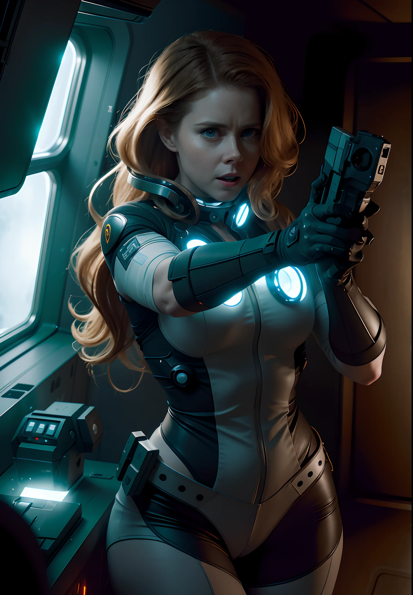 Hot terrified Sci fi Amy Adams with a ponytail holding a sci fi pistol on Ishimura Horror Space Ship photography, natural light, photorealism, cinematic rendering, ray tracing, the highest quality, the highest detail, Cinematic, Third-Person View, Blur Effect, Long Exposure, 8K, Ultra-HD, Natural Lighting, Moody Lighting, Cinematic Lighting