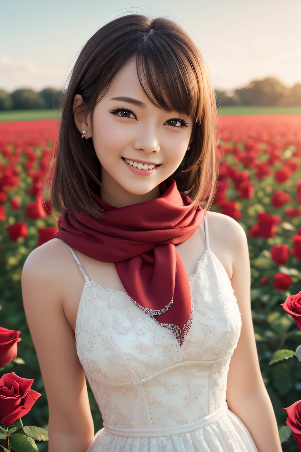 Vista, the panorama, Perspective, depth of fields, Bust, Upper body, Cinematic Angle, masutepiece, Best Quality, ultra-detailliert, nffsw, 8K Wallpaper, Beautiful face, Delicate eyes, maidennurse, Solo, Smile, Silver hair, Golden Eyes, Fair skin, Hair strands, red scarf, White evening dress, Rose field, Red flowers, roses, flower field, flower petals, Flying petals, Smiling