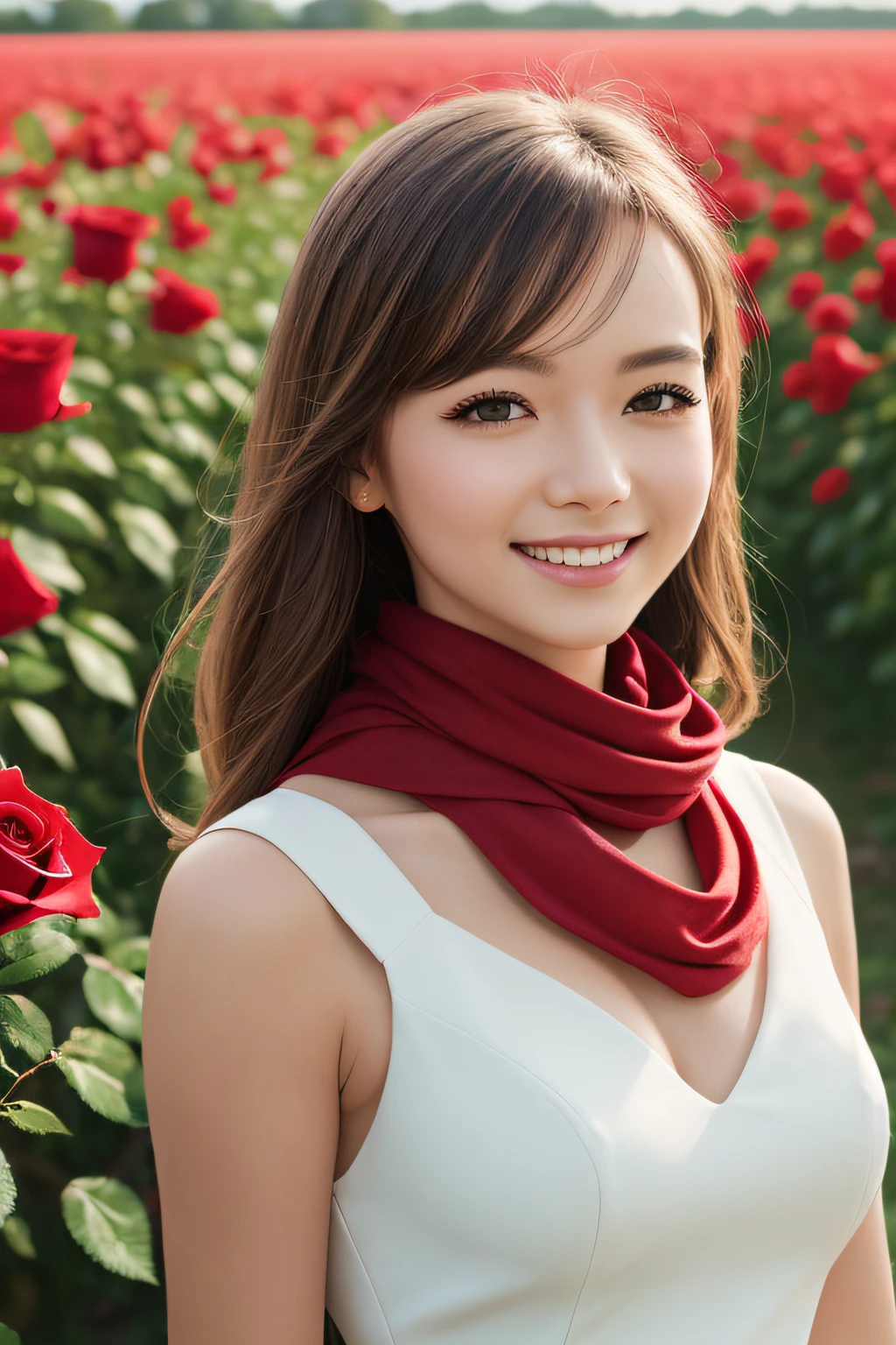Vista, the panorama, Perspective, depth of fields, Bust, Upper body, Cinematic Angle, masutepiece, Best Quality, ultra-detailliert, nffsw, 8K Wallpaper, Beautiful face, Delicate eyes, maidennurse, Solo, Smile, Silver hair, Golden Eyes, Fair skin, Hair strands, red scarf, White evening dress, Rose field, Red flowers, roses, flower field, flower petals, Flying petals, Smiling