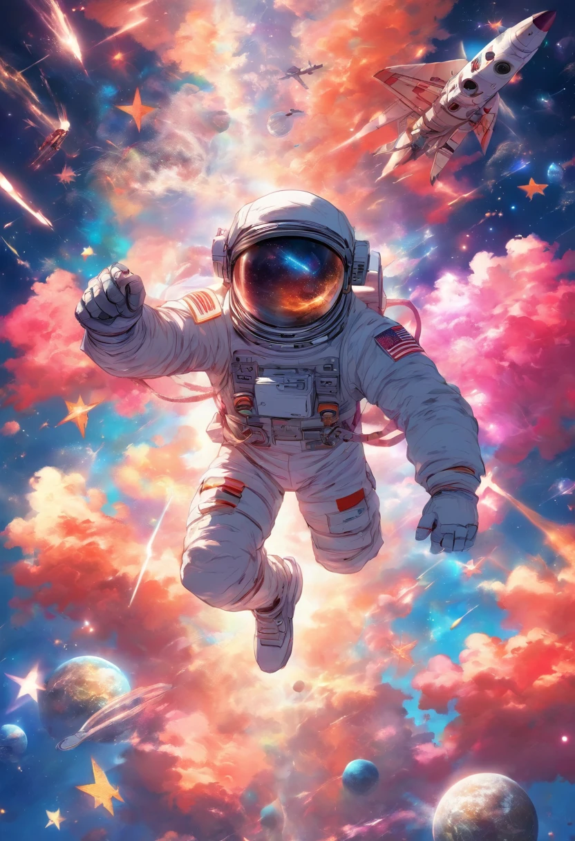 cosmic space, Starcloud, starrysky, Bright and intense colors,((The Chinese flag is embroidered on the arm)), airplanes in the background, Astronaut wearing helmet and swimsuit, Space BBQ, Listening to the radio