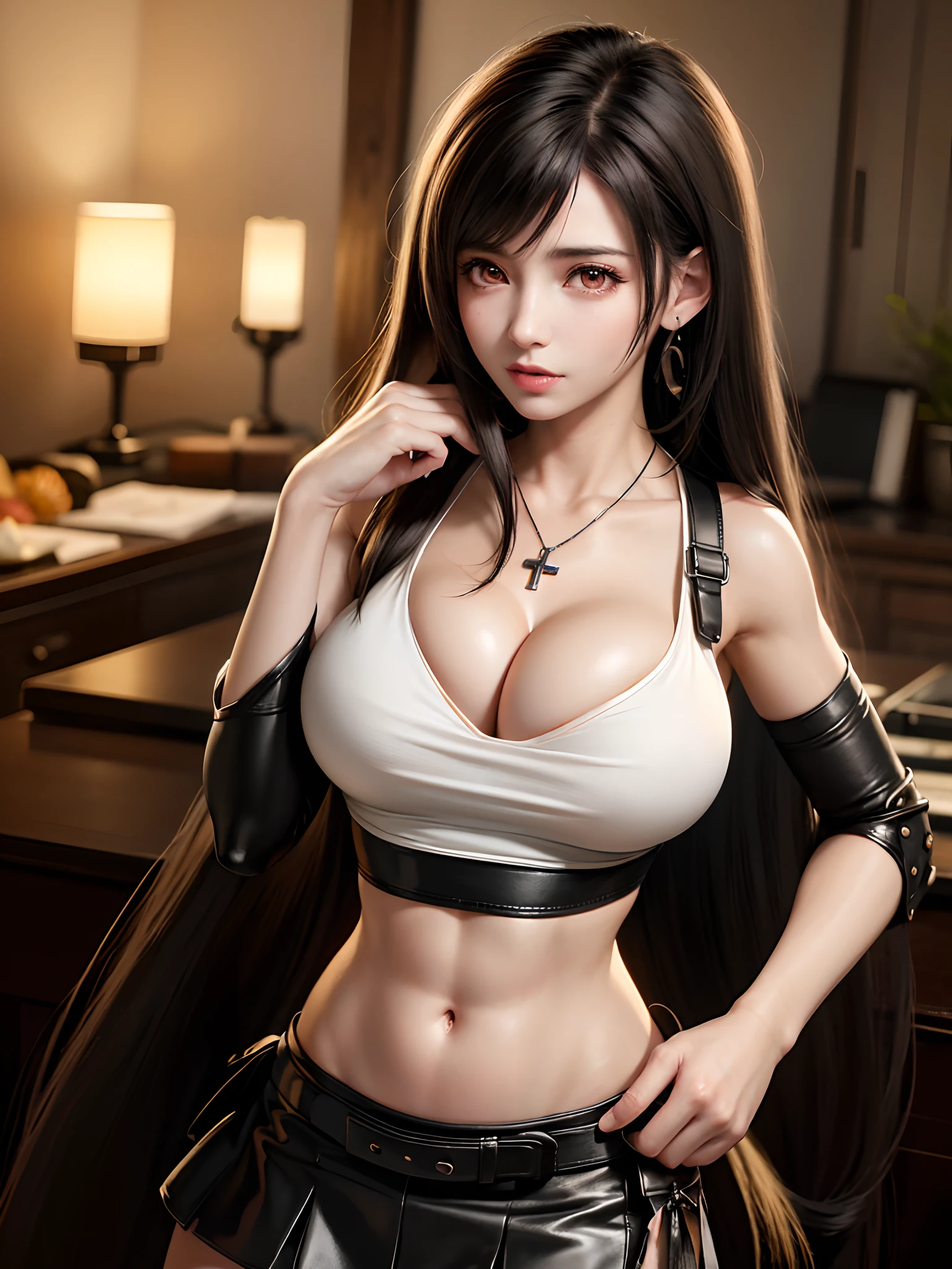 at office in background,looking at viewer,depth of field, bokeh,light falling,((MILF))
1girl wearing white lingerie, huge breasts, red eyes,(long hair, black hair, very straight hair:1.4, hime cut:1.4), earrings necklace,pout,
photography, masterpiece, best quality,HDR, highres,realistic details, glowing skin, mature figure, voluptuous body, voluptuous breasts, perfect body, wide hips, colorful, looking at viewer, Hyperrealistic, from the front, (chromatic aberration, intricate details), dynamic poses,dynamic angle,
40K, HDR, highres, (tifa lockhart) earrings