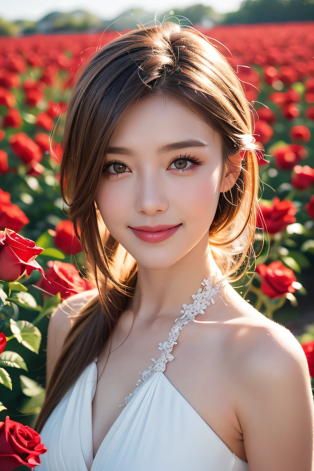 Overlooking, Panorama, perspective, Depth of written boundary, bust, Upper Body, Movie angle, Tabletop, Highest quality, Ultra-detailed, Hmph, 8k wallpaper, Beautiful Face, Delicate eyes, Landmines, alone, smile, Silver Hair, Golden Eyes, Fair skin, hair, Red scarf, White evening dress, Rose Field, Red flower, rose, Flower Field, petal, 舞い散るpetal, smile