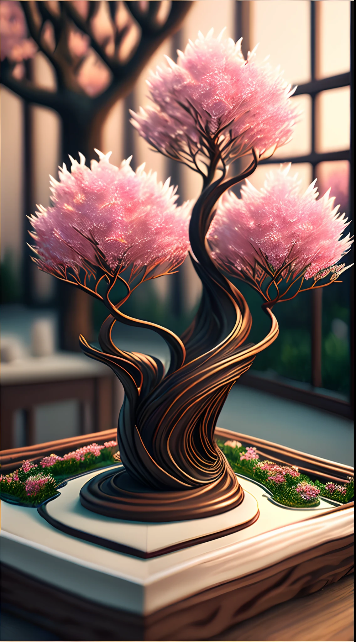 (Best quality,4K,8K,A high resolution,Masterpiece:1.2),Ultra-detailed,(Realistic,Photorealistic,photo-realistic:1.37),Escultura:1.37,Northern,south,Multiverse,Diverse landscape,Natural beauty,Ceramic craftsmanship,Glass surface,Twisted branches,blossoms,Flickering flames,Art gallery