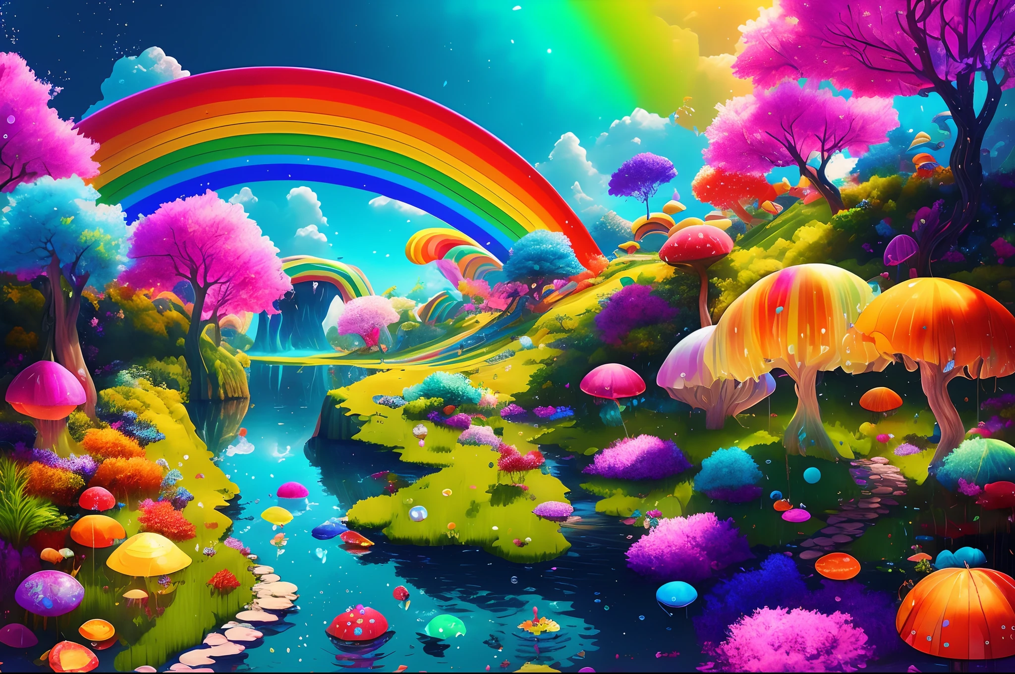 There is a rainbow in the water surrounded by trees, Magic world. Colorful, just one rainbow 8 k, intricate rainbow environment, colorful hd picure, Beautiful art UHD 4 K, whimsical fantasy landscape art, Extraordinary colorful landscape, psychedelic landscape, rainbow bg, colorfull digital fantasy art, 4k highly detailed digital art, magical scenery, colorful concept art