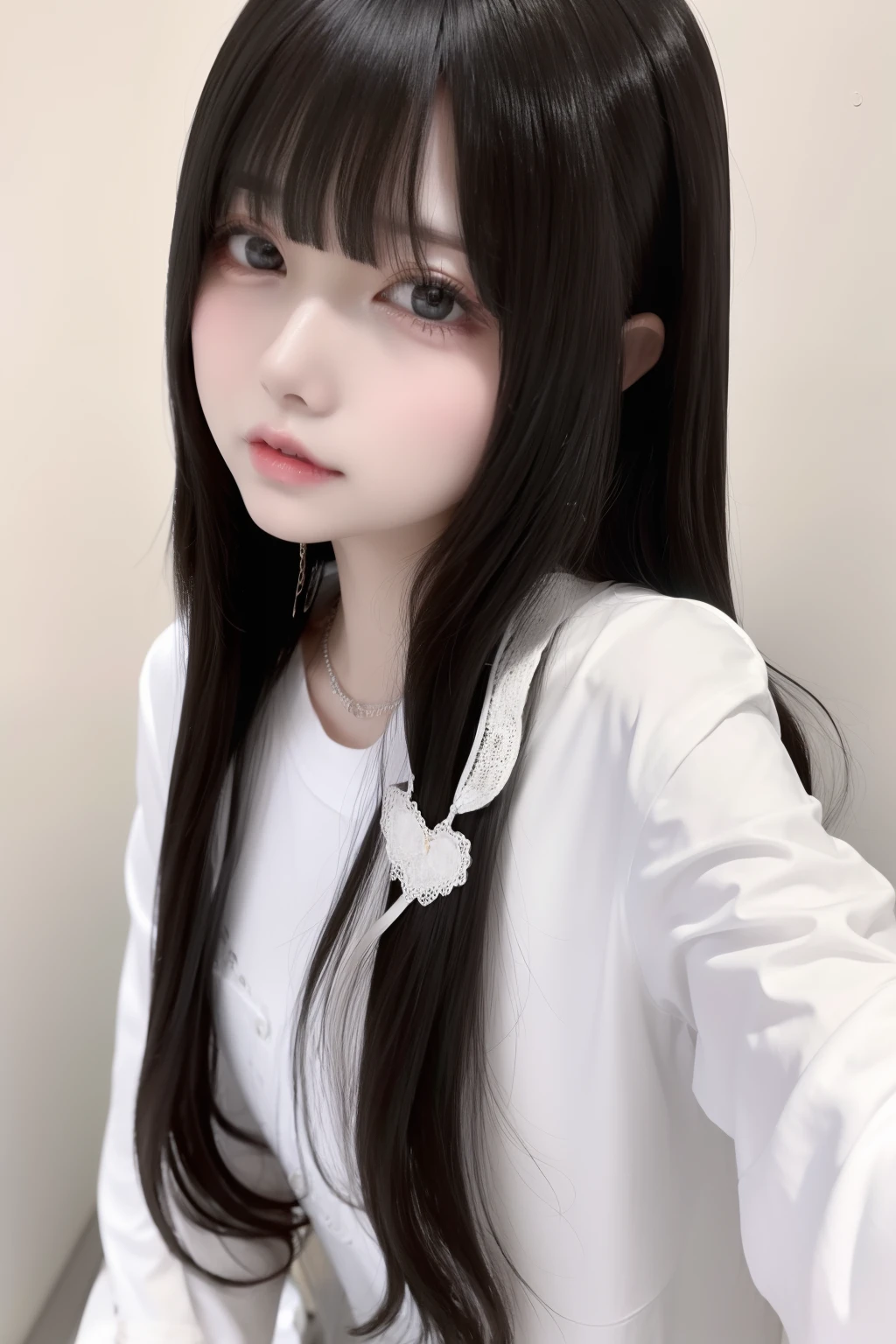 top-quality、8K、32K、​masterpiece、nffsw:1.2)、1girl in、One girl with long hair、Two beautiful Japan women、A dark-haired、Heavy bangs、long sleeved shirt、long hair to the chest、maid clothes、White wall background