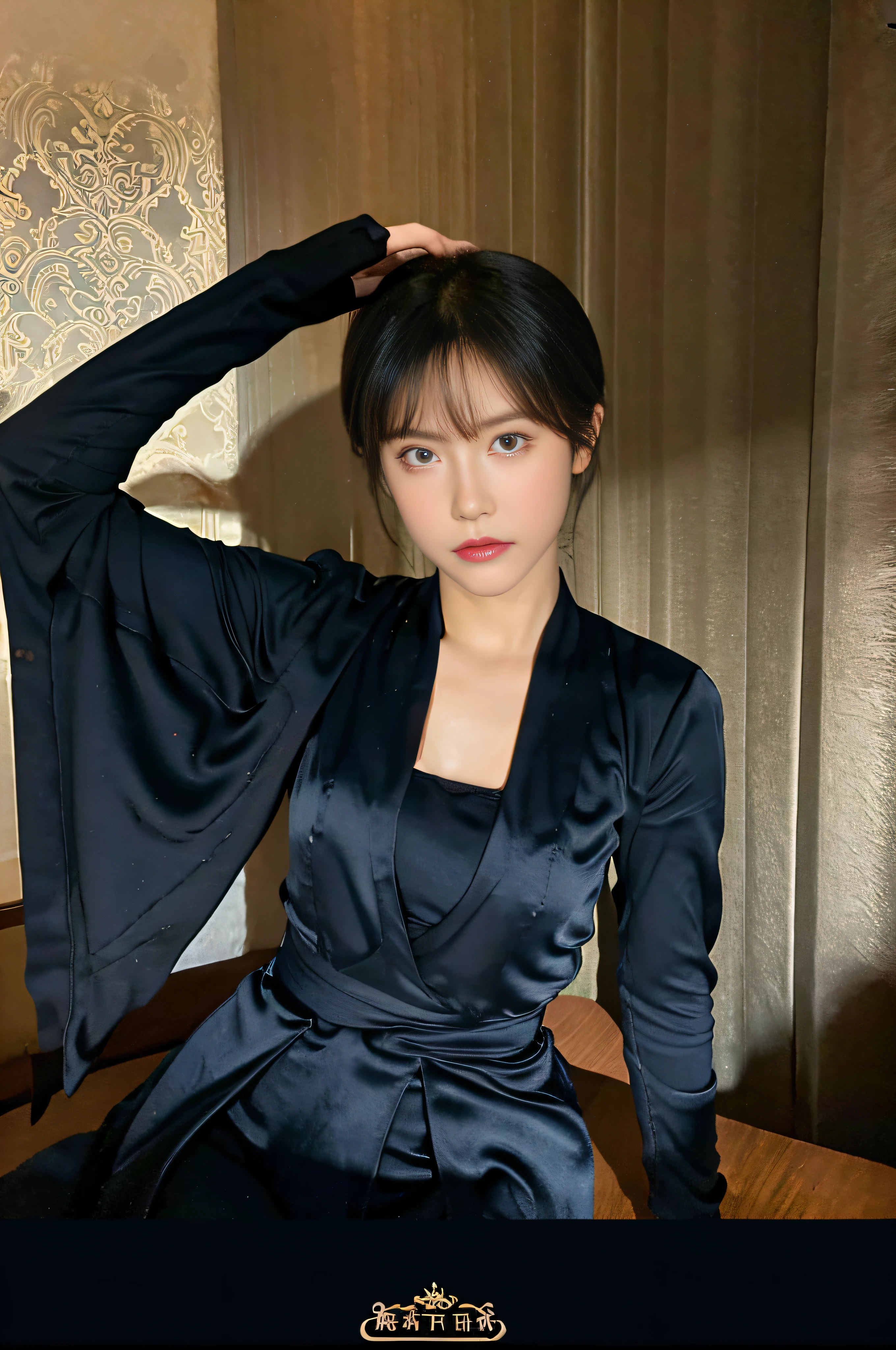 delicated，8K quality，Detail optimization，{Real skin texture}，{Black slim pantyhose，Single side slit，Navy blue，evening formal robes，Silk texture，Ultra-clear quality}，{with short black hair，Squinting high cold}，(highdetailskin_1.2)，8K  UHD，Wallpaper phone，Digital SLR，Authentic banquet background，Cinematic texture，Cinematic lighting effects，Ray traching，Full body photo，oriental face