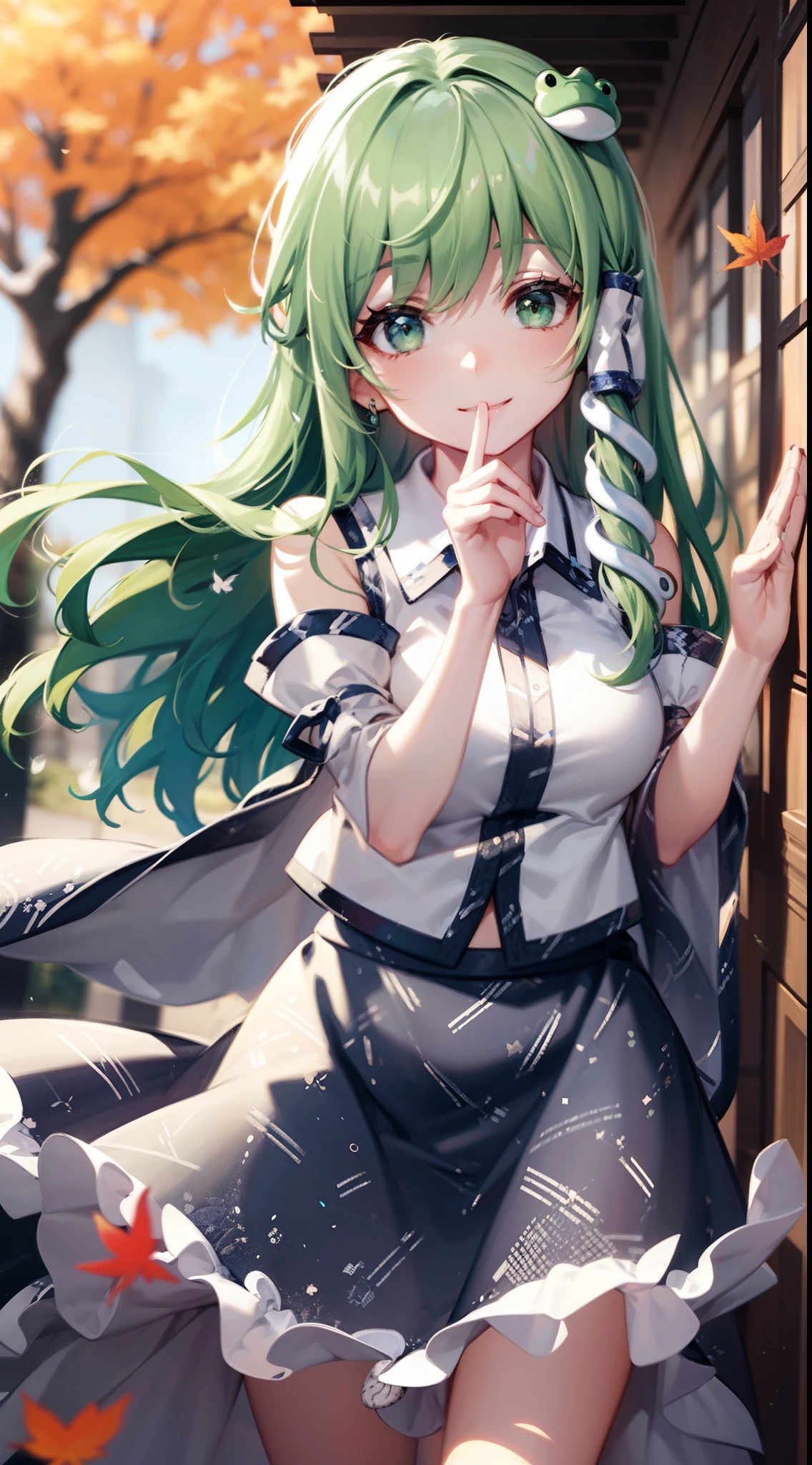 Best Quality,Ultra-detailed,Unity 8k壁纸,extremely details CG,super detailed skin,Detailed,Dynamic lighting,Beautiful detailed eyes,kochiya sanae,happy Smile,Green long hair,Green eyes,frog hair ornament, hair tubes,snake,Detached sleeves,Shirt,Long skirt,autumn leaves,stylish pose,finger to mouth,head tilt