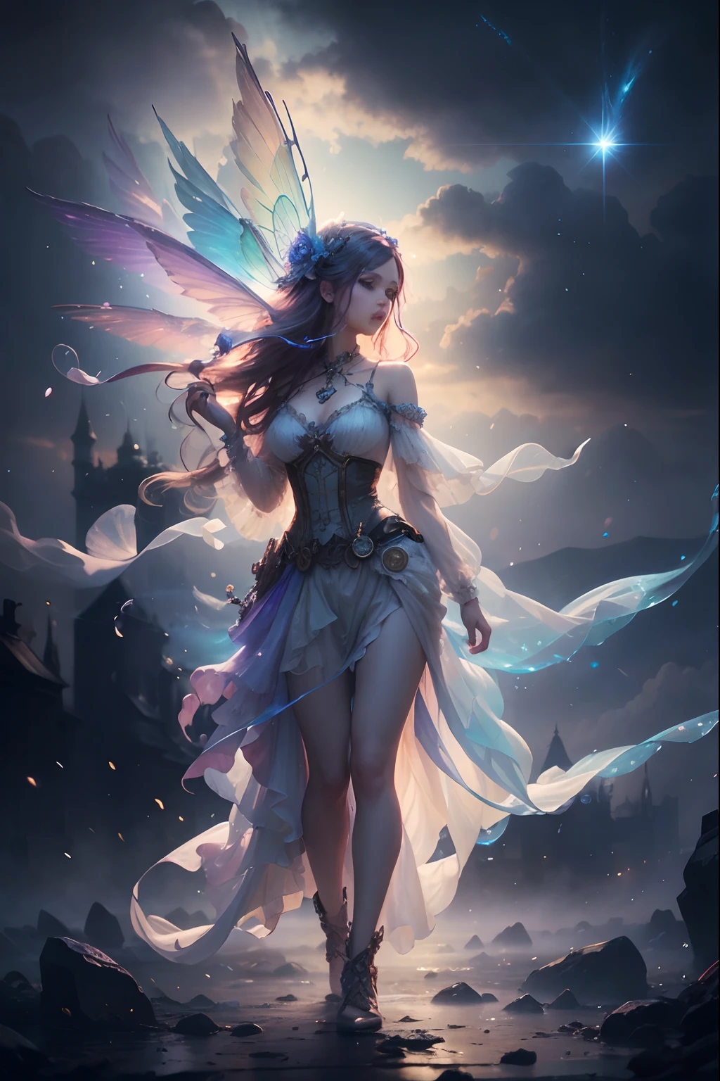 fine art masterclass splash spray trickle daubs of rainbow opaline Prisma Sakuraoil color,Steampunk celestial ethereal ghostly Fairy, HDR, ultra high-detail, centered, bokeh, lens flare, foggy dusk, bloom, light bloom, cinematic lighting, high dynamic range, depth of field, full pose