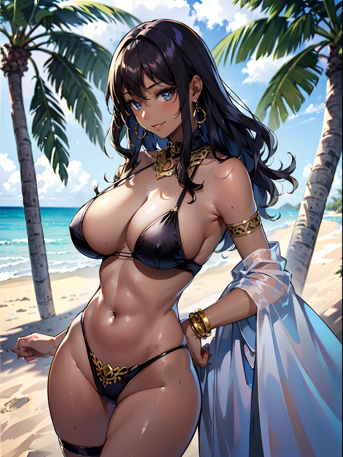 Beautiful 20-year-old black supermodel, (solo:1.5), Smiling, Best Quality, Glamorous, slim, Detailed face, Skin radiance, lacing up sandals, Diamond Good, whole body, sexy model pose, (best quality:1.4), (beautiful, perfect, detailed, intricate, aesthetic:1.2), cinematic shot, natural light, light particles, sunlight, atmospheric, vivid colors, (depth of field:1.4), blurry background, bokeh, looking at viewer, ((ebony, dark skin:1.4, dark Brown skin:1.3)), (perfect face, detailed face, eyeliner, glossy lips), smiling, (large breasts, sagging breasts, big tits, narrow waist, big ass), (light lemon-yellow micro bikini:1.5, side tied string shorts), (with gold accessories:1.3, colorful, earrings, bracelets), (skindentation), outdoors:1.5, beach:1.3, clear ocean, waves, palm trees, (ultra high resolution:1.3, 8K RAW photo, photo realistics:1.2, delicate thin outline:1.37), dark mahogany medium long hair, (curly hair:1.5, wavy hair:1.5, shiny), (African girl:1.3), Beautiful matured girl, milf, (fine detailed beautiful eyes, looking away), beautiful fantasy character, stylish illustration, ((correct anatomy:1.5)), (sexually:1.2), ((nsfw:1.2)),