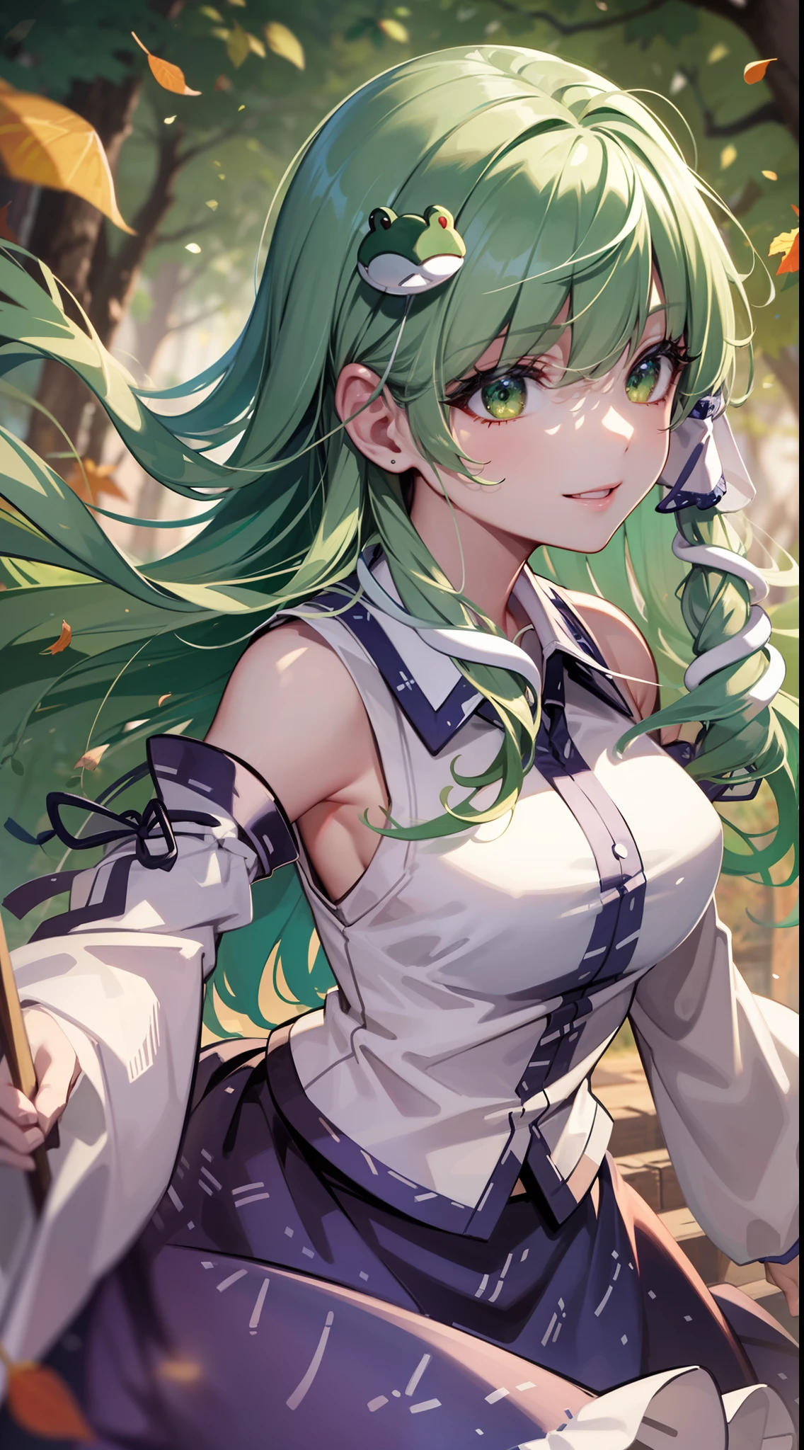 Best Quality,Ultra-detailed,Unity 8k壁纸,extremely details CG,super detailed skin,Detailed,Dynamic lighting,Beautiful detailed eyes,kochiya sanae,happy Smile,Green long hair,Green eyes,frog hair ornament, hair tubes,snake,Detached sleeves,Shirt,Long skirt,autumn leaves,dynamic pose