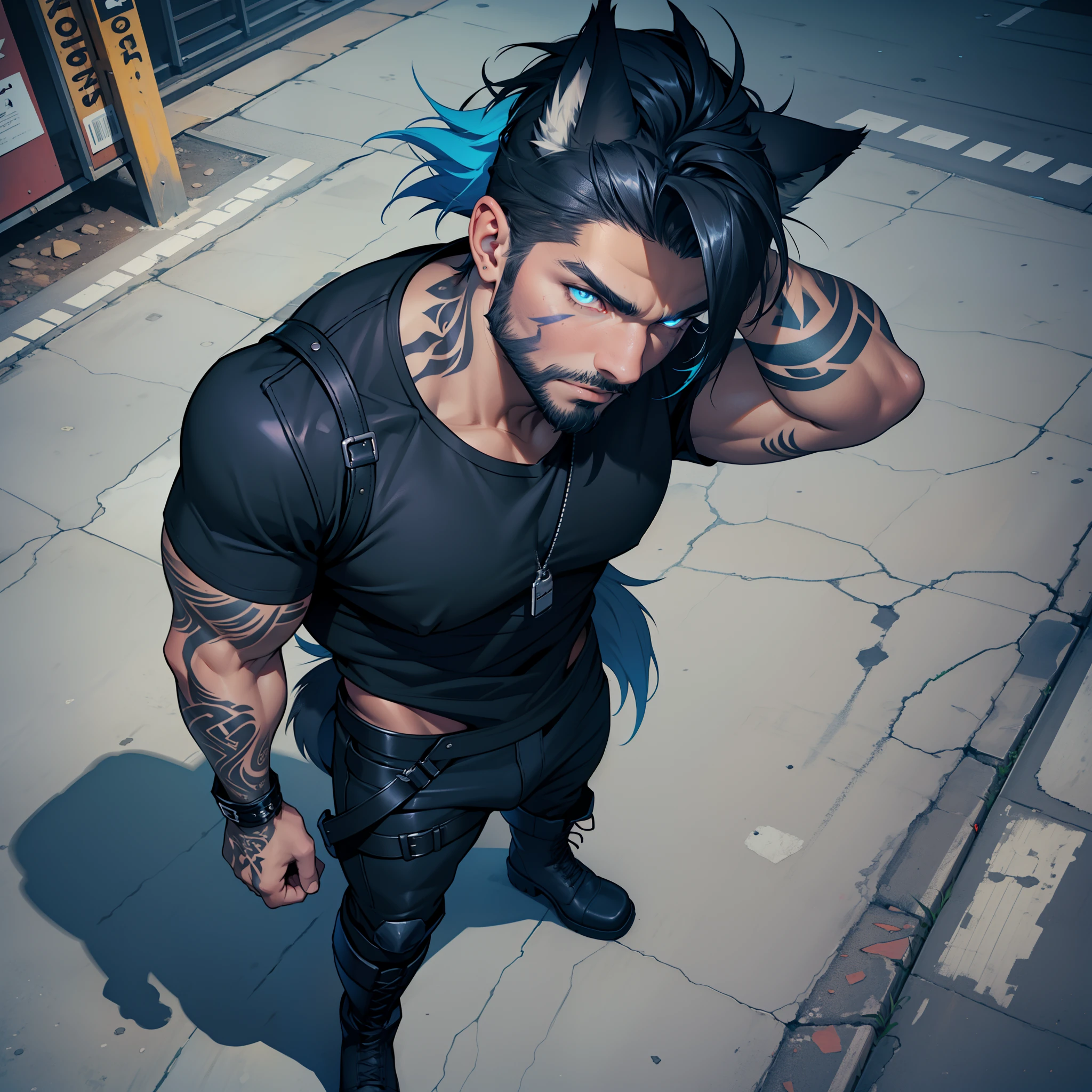 masculine guy ((wearing black boots)), full body shot, viewed from above, short beard ((dark tanned skin)), bulge, short cropped ombre hair, ((has wolf ears)), ((has wolf tail)), smoky grunge punk graffiti, wearing leather pants, ((he is solo, he is alone)), has detailed glowing blue eyes, covered in ((blue tattoos)), wearing bandana and leather wrist bands, wearing a loose t-shirt, muscular thighs