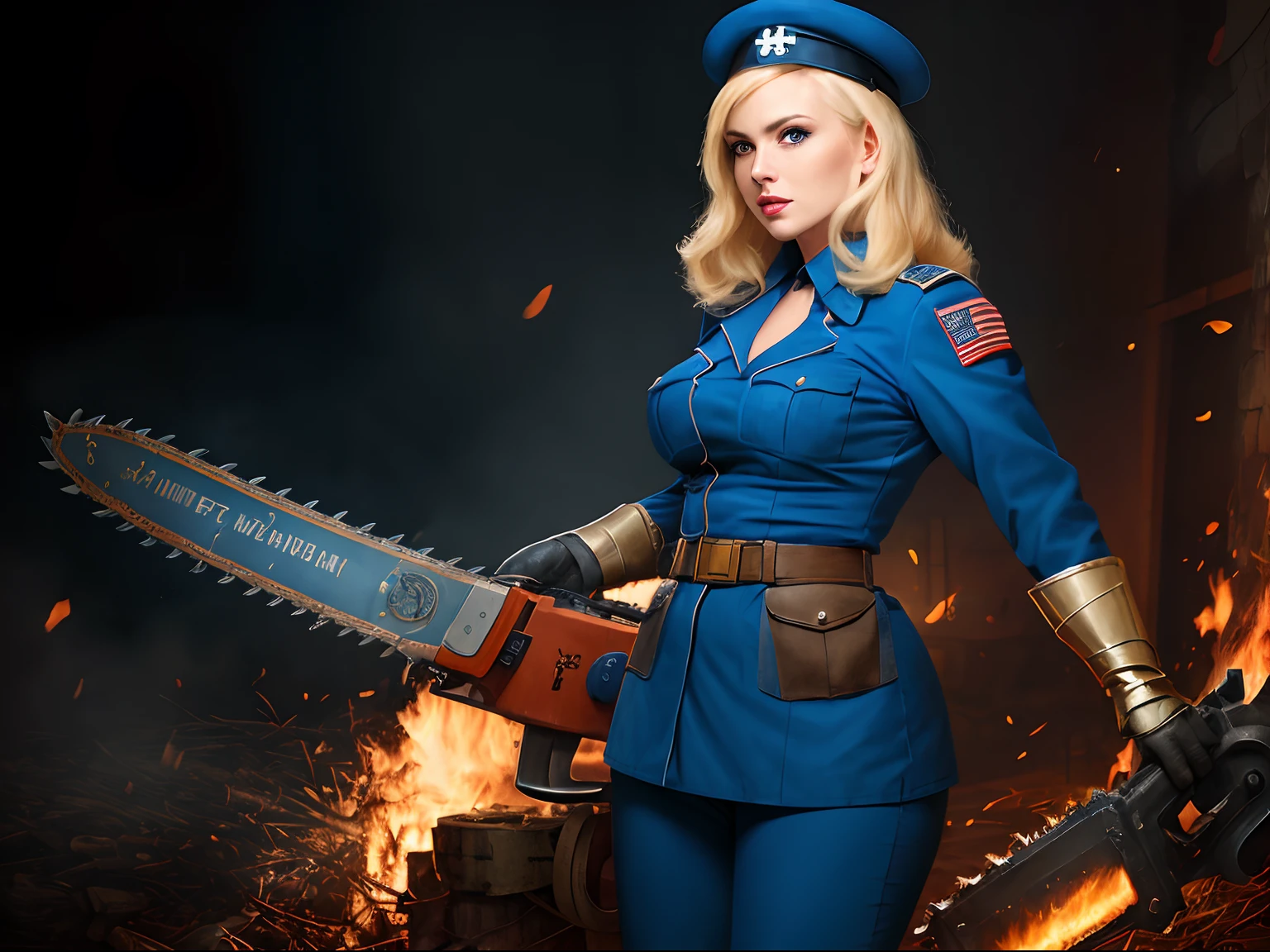Hot world war II nurse in a blue uniform and fantasy armor weilding a chainsaw blonde hair