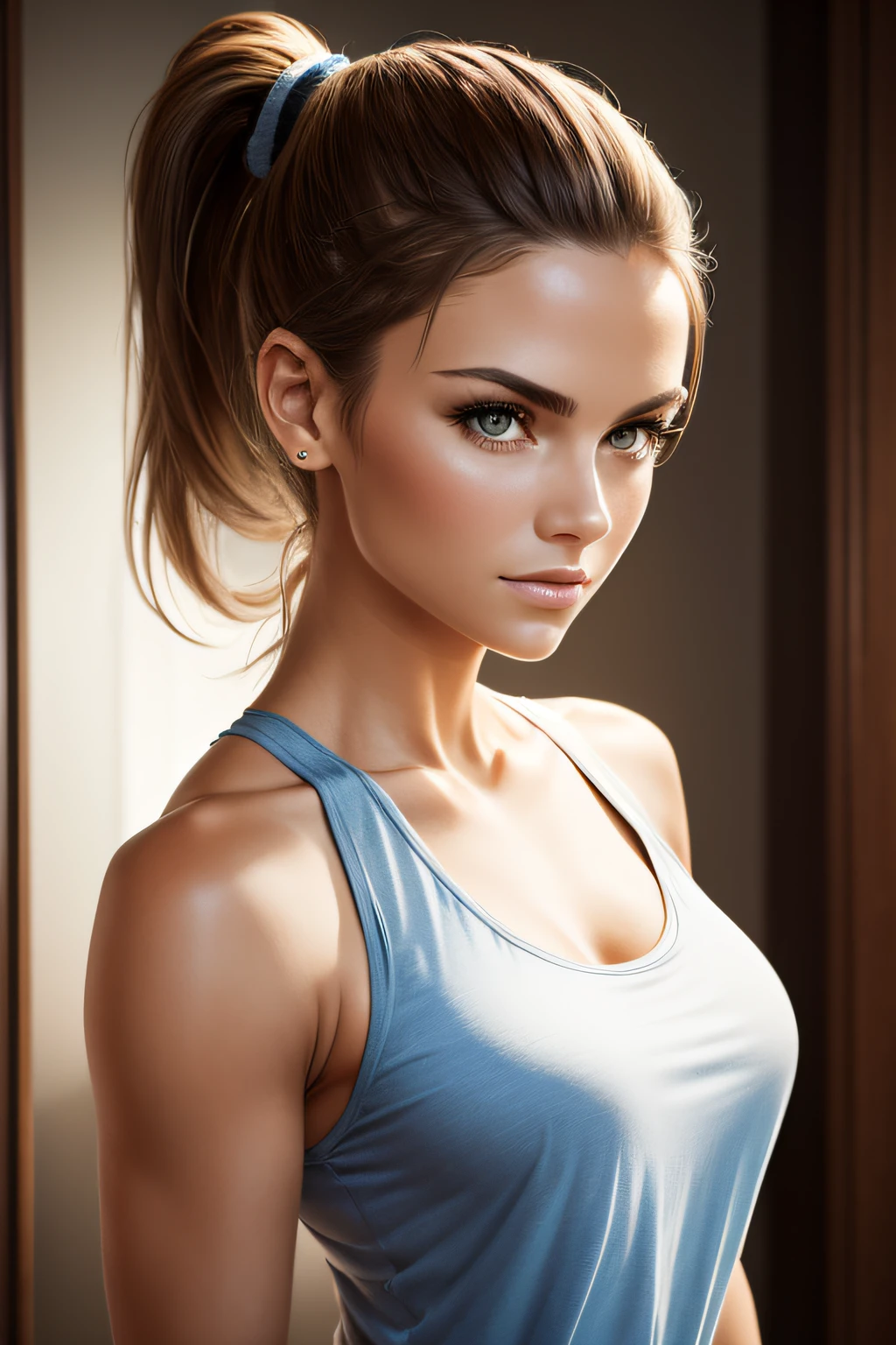 Photorealistic half body portrait photograph featuring a gorgeous woman in a stylish tank top, with a ponytail, striking a model-worthy pose, authenticity in photography, effortless modeling, timeless beauty