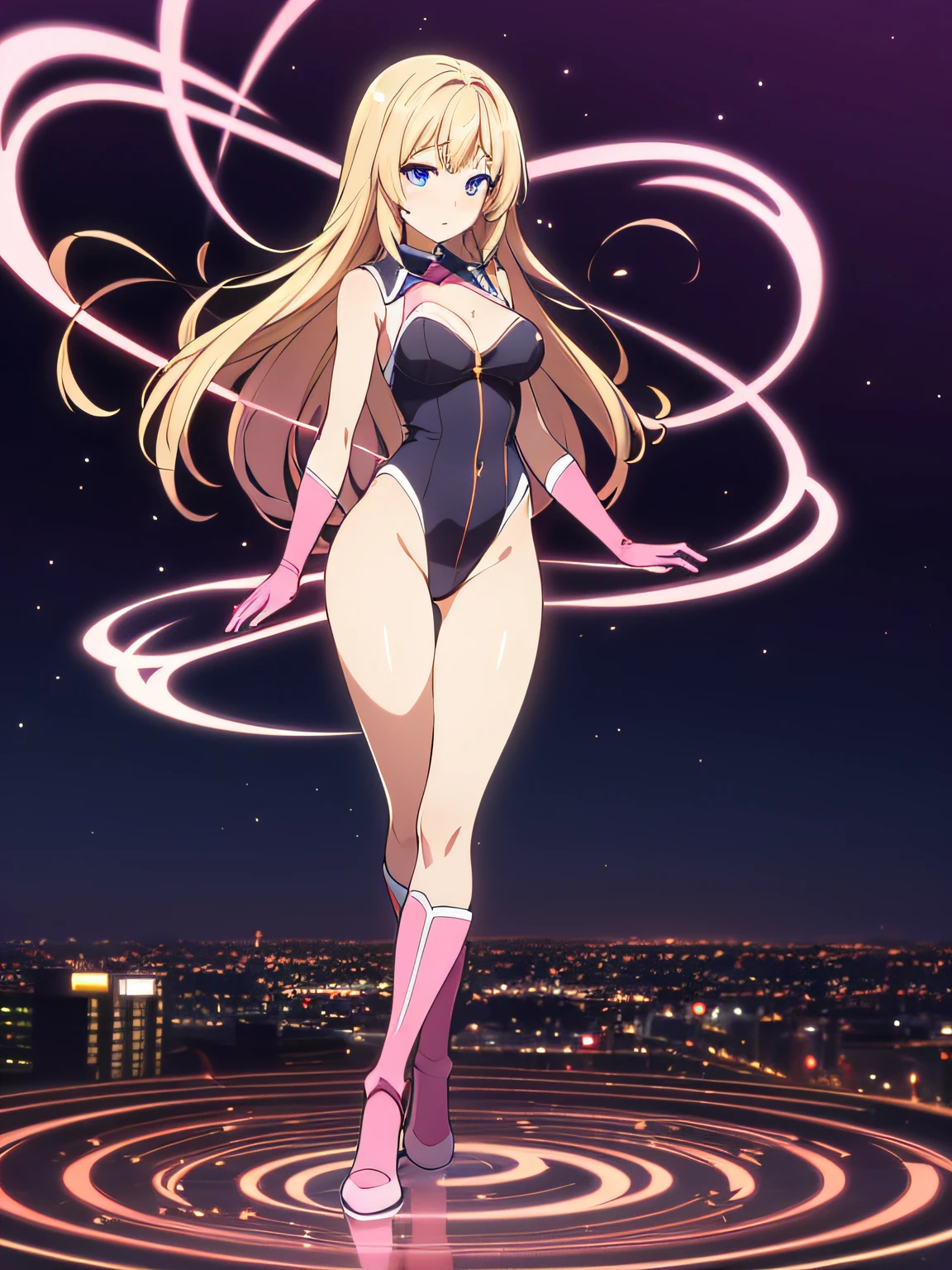 ((masterpiece)), ((best quality)), ((highres)), 1girl, solo, leotard, bare legs, matching boots, sleeveless, looking at viewer, light particles, city backdrop, perfect hands, perfect eyes, perfect leotard, perfect legs, perfect arms, perfect fingers, medium breasts, pink leotard, spinning, blonde hair, long hair, knee boots, blue eyes, cute face, hair down, bangs, sleeveless, pink gloves, pink footwear, cleavage, light swirls around her body, superhero, standing, delicate spinning around, slim