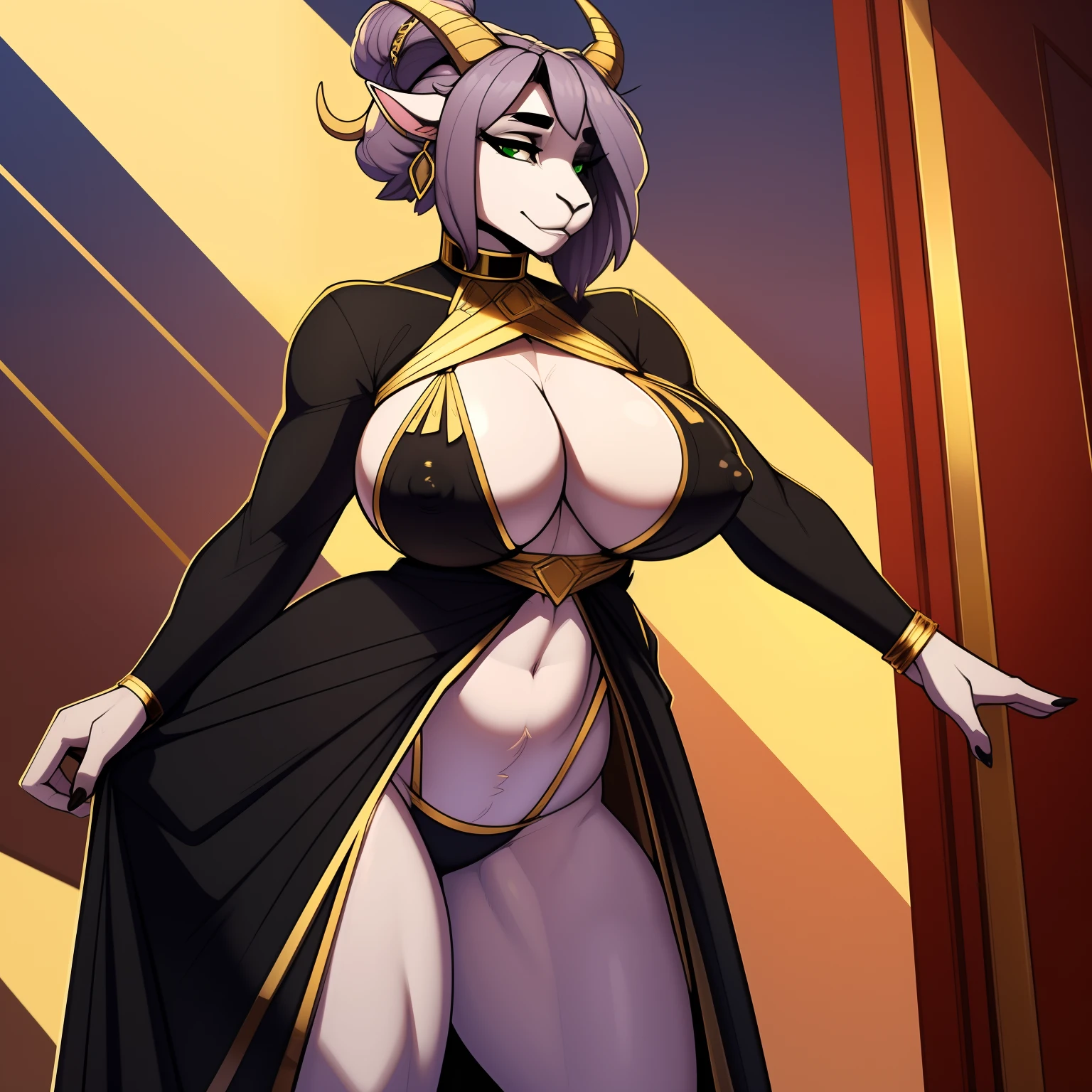 mature_goat female graying_purple_hair bushy_hair large_bun faded_pink_furry_body green_eyes milf large_gold_tipped_horns horns curving_upwards_and_inwards gold_earrings gold_choker gold_gorget black_dress_with_fur_trim solo  big_nipples, (nipple outline) Masterpiece best_quality absurdres highly_detailed cleanly_drawn_eyes anthro_only by_claweddrip, by_greasymojo, by_underscore-b, by_runawaystride