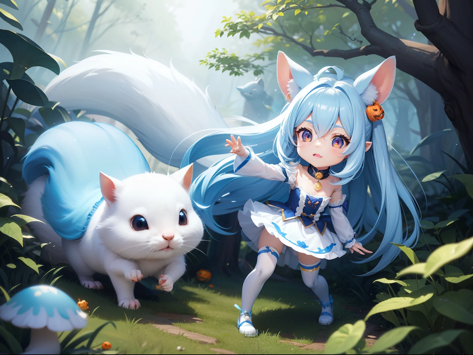 In the Halloween Forest、There is a small white rabbit with long ears, White long ears、I'm with a pretty girl with long blue hair。It is a cute and sexy outfit in white and blue and yellow。White panty Dark eyes。cute forest creature, Cute mushrooms also grow、Everyone is celebrating Halloween Adorable Digital Painting, cute detailed digital art, the squirrel king, Cute digital art, cute cartoon characters, cute character, CuteCreatures, Cutie, official illustrations, Official art, squirrel, maplestory mouse, astri lohne, cute 3d render