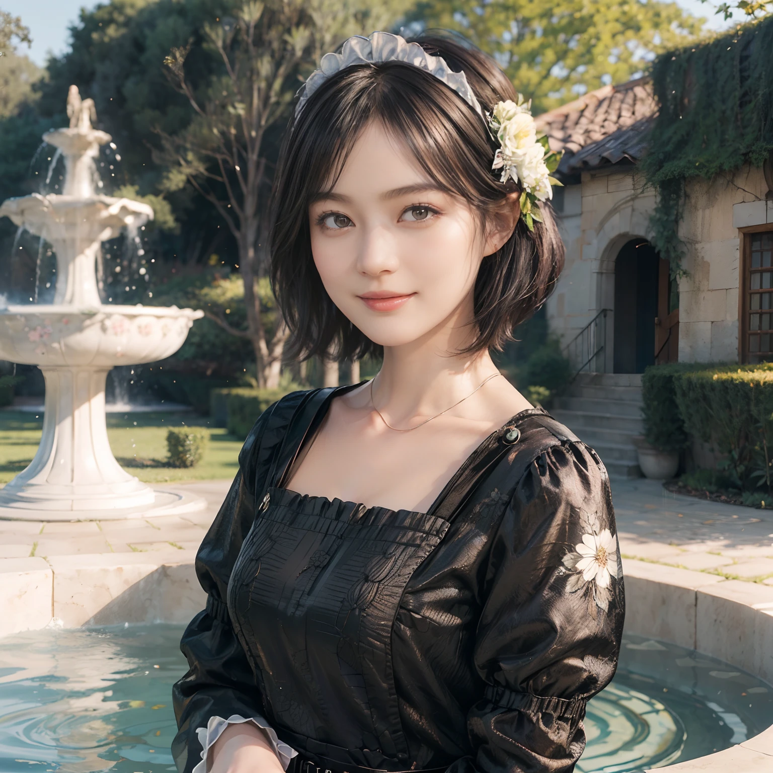 10
(Black Shorthair:1.3), (a 20 yo woman), (A hyper-realistic), (masutepiece), (8KUHD), Beautiful woman, A smile, (Floral Maid Clothing:1.2), Large and luxurious terrace, Standing in a garden with a wide depth, (Focus on the face:1.23), There is a large fountain