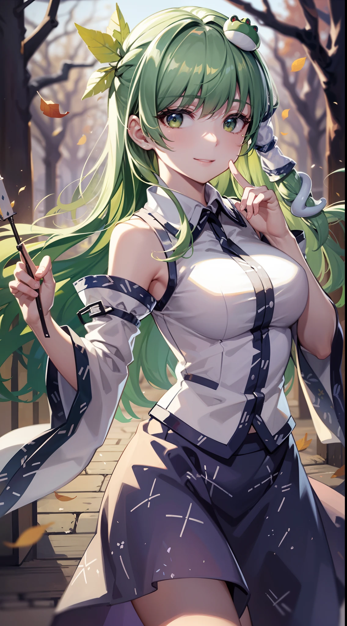 Best Quality,Ultra-detailed,Unity 8k壁纸,extremely details CG,super detailed skin,Detailed,Dynamic lighting,Beautiful detailed eyes,kochiya sanae,happy Smile,Green long hair,Green eyes,frog hair ornament, hair tubes,snake,Detached sleeves,Shirt,Long skirt,autumn leaves,stylish pose,finger to mouth,head tilt