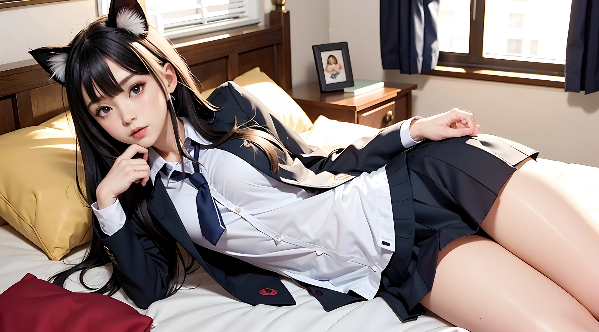 Cat ears anime girl,(((Good school uniform))), inside in room,Bedrooms,Bed,White leg socks,Bigchest,mature,Raised sexy,Rounded,long leges,quilt,pillow head,Side,Squeeze the chest,