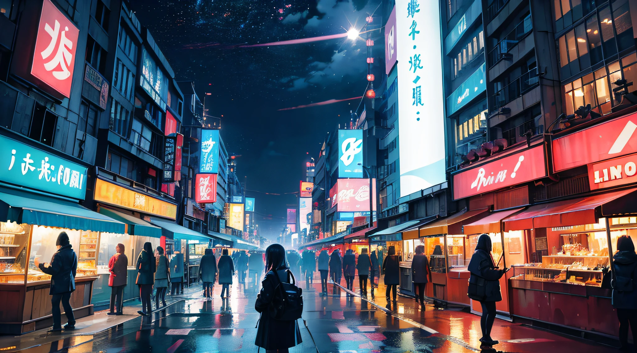 (best quality,4k,8k,highres,masterpiece:1.2),ultra-detailed,(realistic,photorealistic,photo-realistic:1.37),anime city,illustration,neon lights,detailed buildings,vibrant colors,night scene,lush vegetation,expressive characters,lively atmosphere,hidden alleys, bustling crowds, futuristic architecture, towering skyscrapers,traditional temples,blurred lights,city reflections,glowing signs,moonlit sky,dazzling street lights,prosperous cityscape,winding streets,flashing billboards,train tracks,swirling mist,star-studded sky,overflowing creativity,manga-inspired visuals,street food vendors,fast-paced energy,fantasy elements,engaging storytelling,aesthetic charm,liveliness of the city