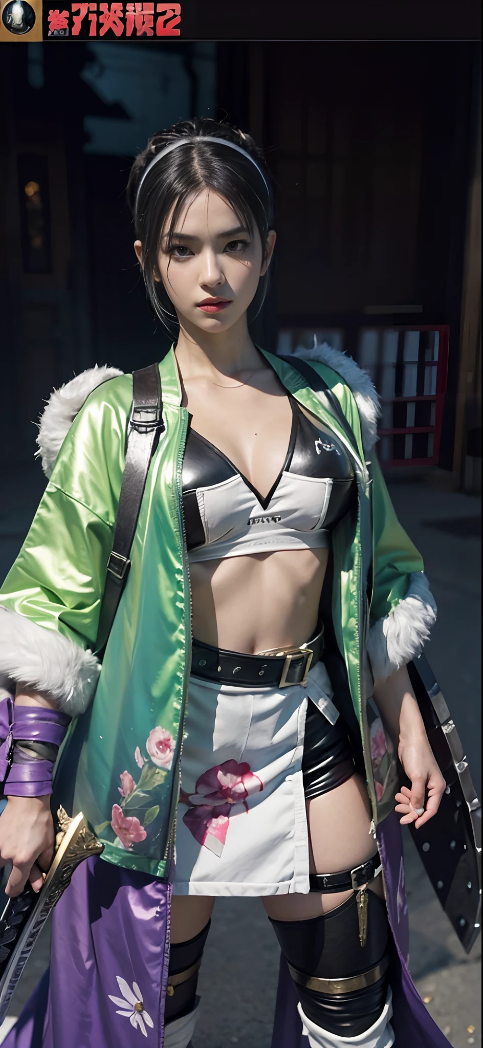 a close up of a person in a costume with a sword, as a character in tekken, female character, tifa lockhart with white hair, katana zero video game character, lunar themed attire, kda, slim body, cyborg - girl with silver hair, upper body avatar, (( medium breast;1.2)), fashion gameplay screenshot, fighting game character, new character, floralpunk elysian maiden, sigma female