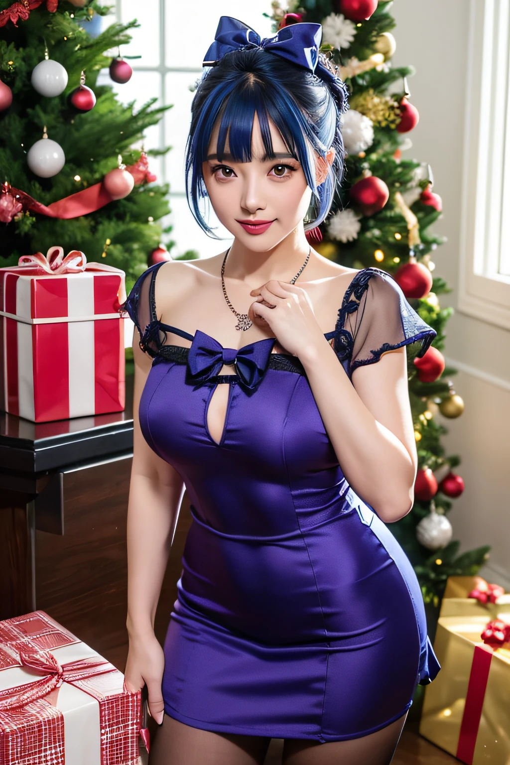 1girl in, Bangs, Blue hair, Bow, Box, Bracelet, Christmas, Christmas tree, Cowboy Shot, Dress, earrings, fish net, flower, gift, gift box, Hair Ornament, Hamel, Jewelry, Looking at Viewer, multicolored hair, Necklace, pantyhose, Parted lips, Purple eyes, Red dress, bow ribbon, Rose, Short hair, Smile, Solo, thighs thighs thighs thighs