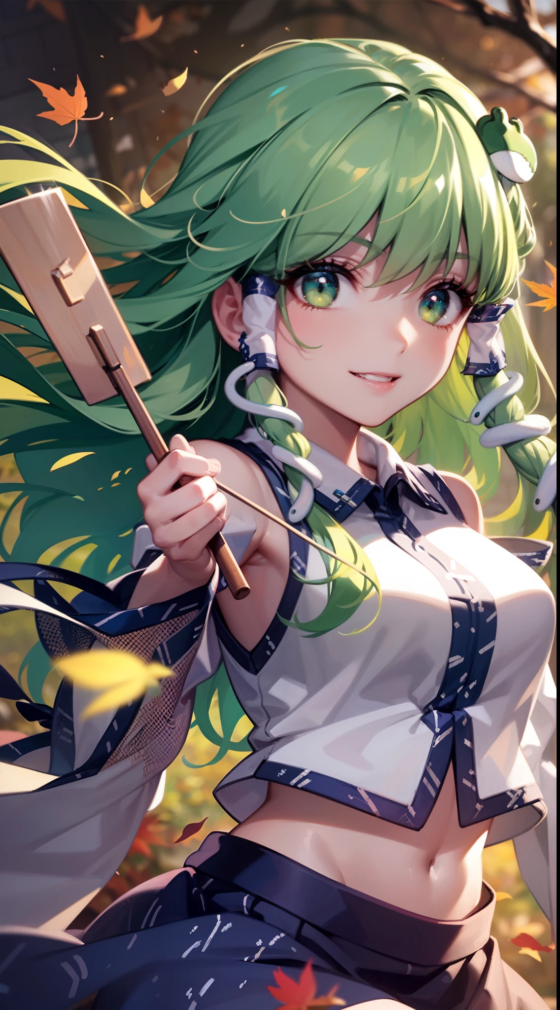 Best Quality,Ultra-detailed,Unity 8k壁纸,extremely details CG,super detailed skin,Detailed,Dynamic lighting,Beautiful detailed eyes,kochiya sanae,happy Smile,Green long hair,Green eyes,frog hair ornament, hair tubes,snake,Detached sleeves,Shirt,Long skirt,autumn leaves,dynamic pose,