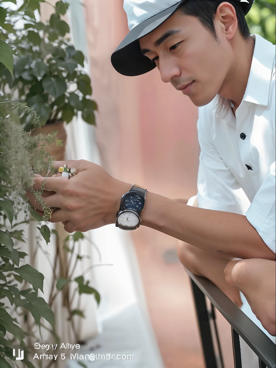 arafed man in a white shirt and black hat looking at a plant, wearing a watch, wears a watch, very very low quality picture, candid picture, with accurate face, very accurate photo, holding gold watch, thought provoking, captured with sony a3 camera, photo taken with canon 5d, realistic picture, taken with canon 8 0 d