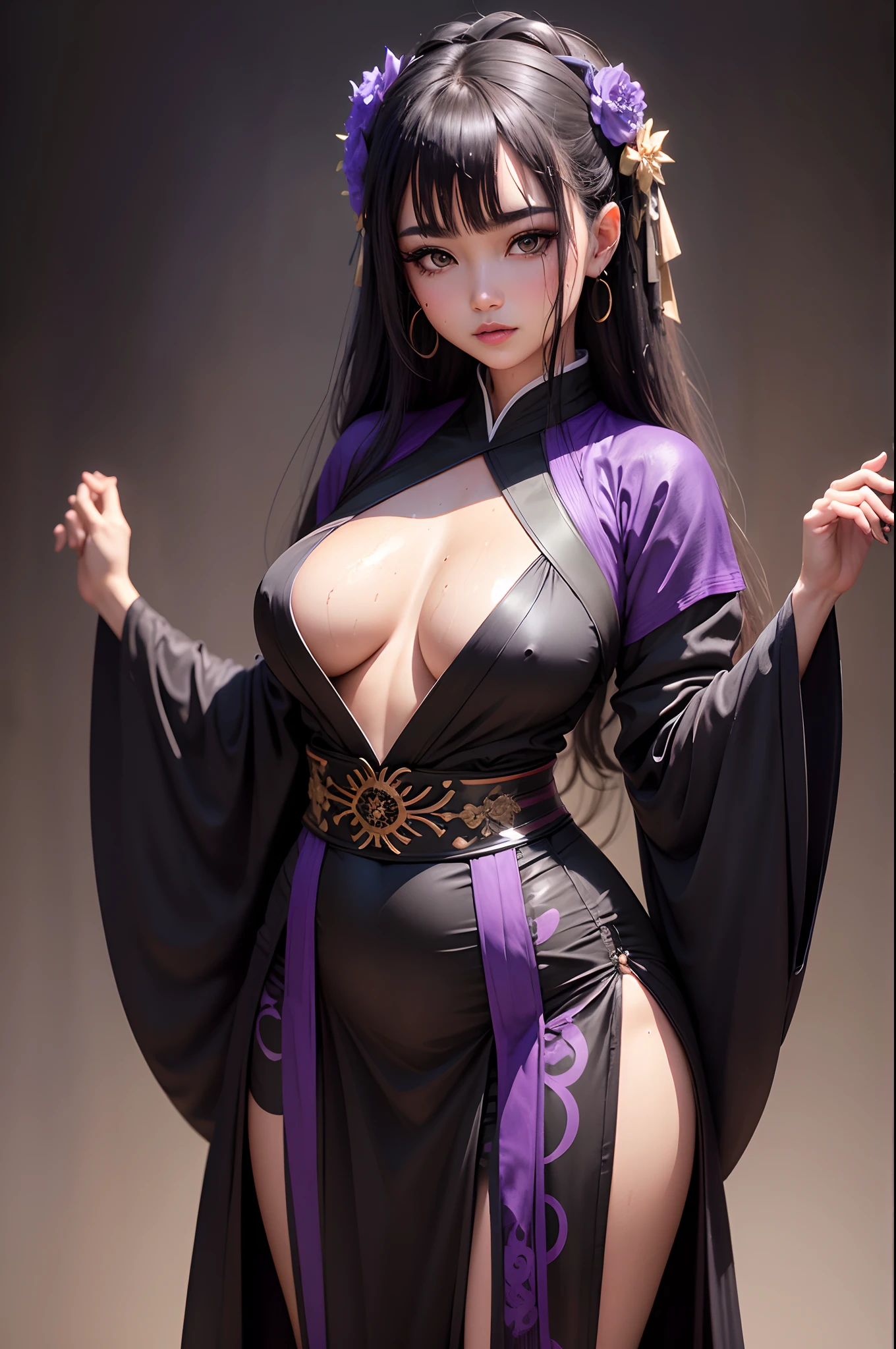 cabelos preto e longos,Girl with charming expression, Pure black background, striking a pose, natural make up. (Antique purple Hanfu:1.5),The body is wet,crotch is wet,Water drips on the body,Bigchest,Raised sexy,Charming
