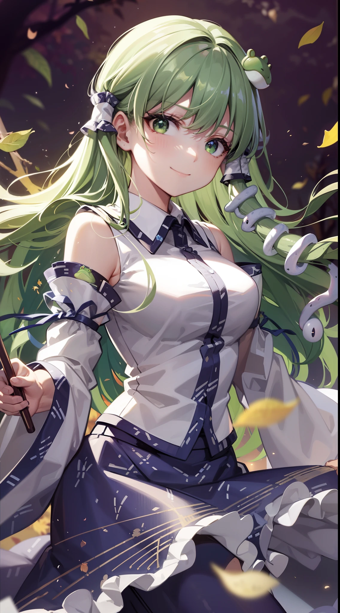 Best Quality,Ultra-detailed,Unity 8k壁纸,extremely details CG,super detailed skin,Detailed,Dynamic lighting,Beautiful detailed eyes,kochiya sanae,happy Smile,Green long hair,Green eyes,frog hair ornament, hair tubes,snake,Detached sleeves,Shirt,Long skirt,autumn leaves,dynamic pose,have an exorcism stick,