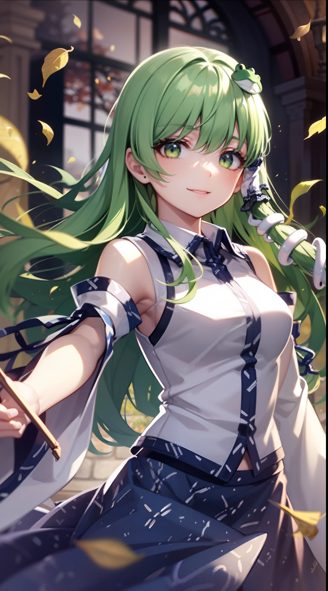 Best Quality,Ultra-detailed,Unity 8k壁纸,extremely details CG,super detailed skin,Detailed,Dynamic lighting,Beautiful detailed eyes,kochiya sanae,happy Smile,Green long hair,Green eyes,frog hair ornament, hair tubes,snake,Detached sleeves,Shirt,Long skirt,autumn leaves,dynamic pose,have an exorcism stick,
