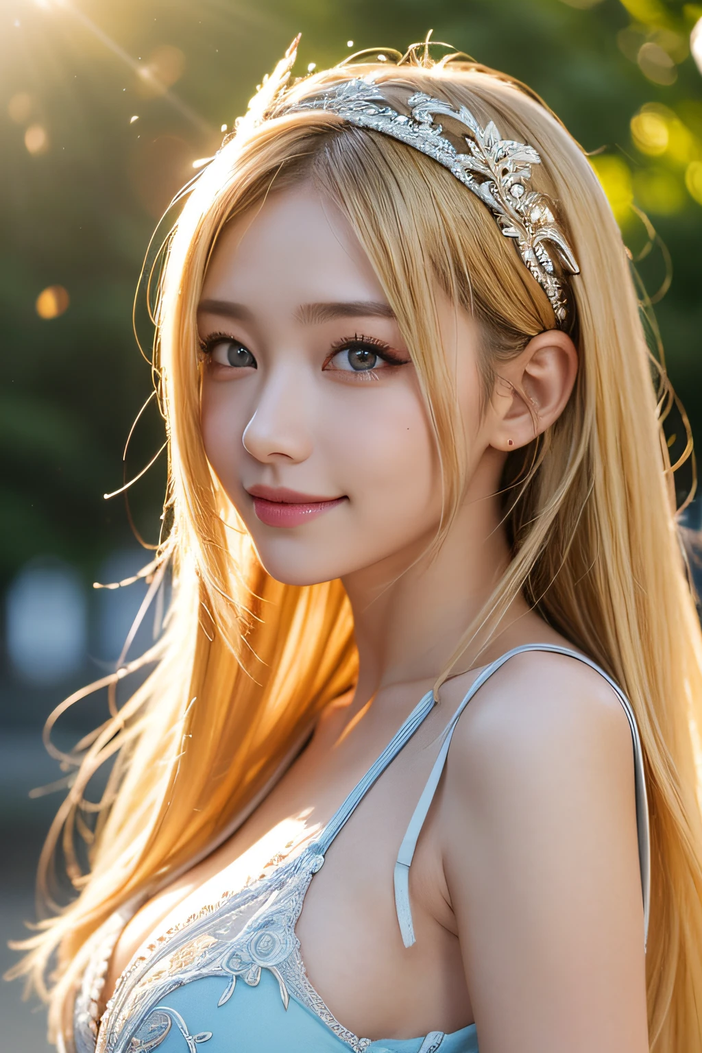 masutepiece, Best Quality, Best Quality, (intricate-detail:1.2), Beautiful eyes, 1girl in, Solo, Outdoors, Blue sky, cloudy, Bokeh, Lens Flare, anamorphic lens flare, depth of fields, Seductive face, Seductive smile, Heanna_Sumire, Yellow hair, Red headband,